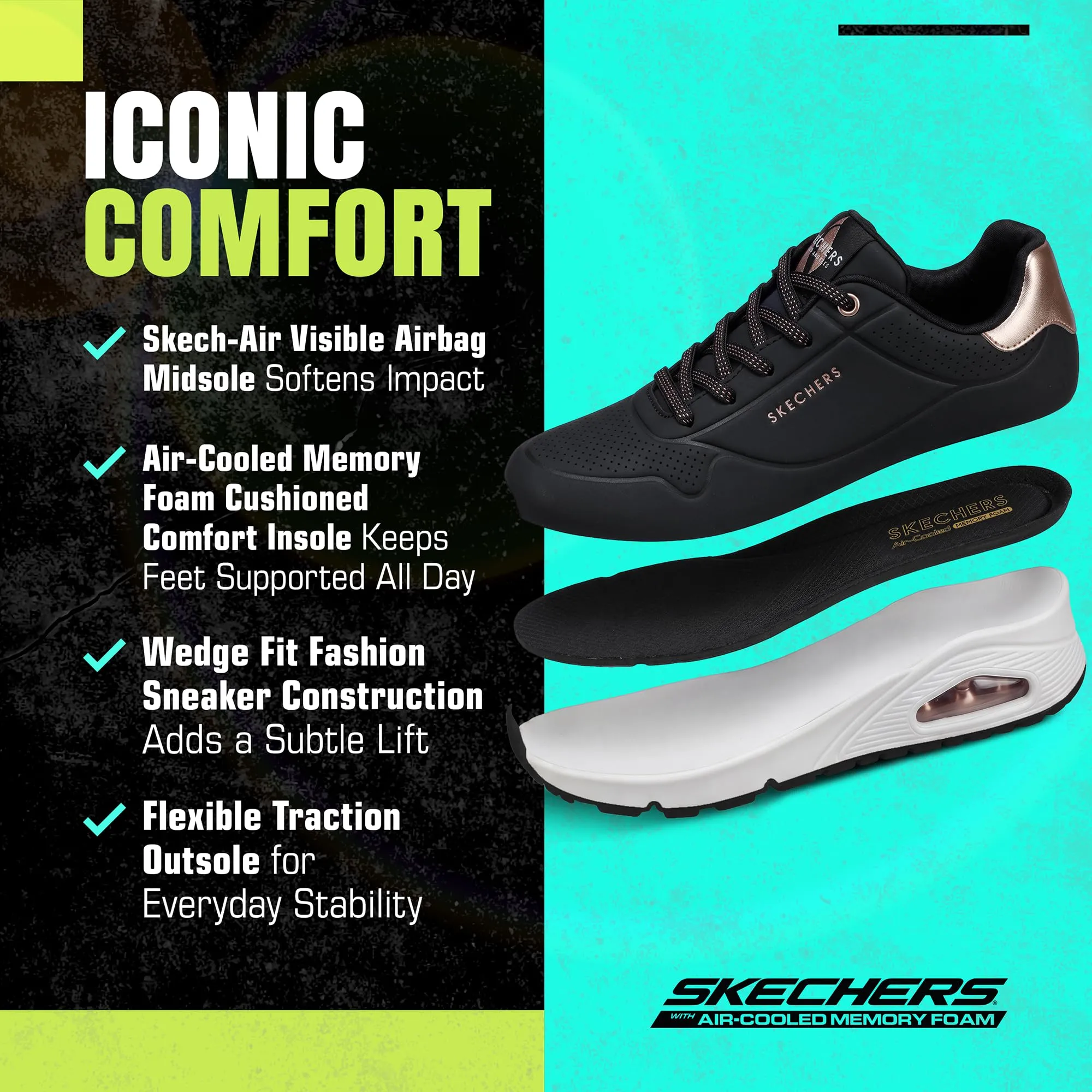 Skechers Donna Uno Shimmer Away Trainers - Black Durabuck, 36 EU - immagine 4