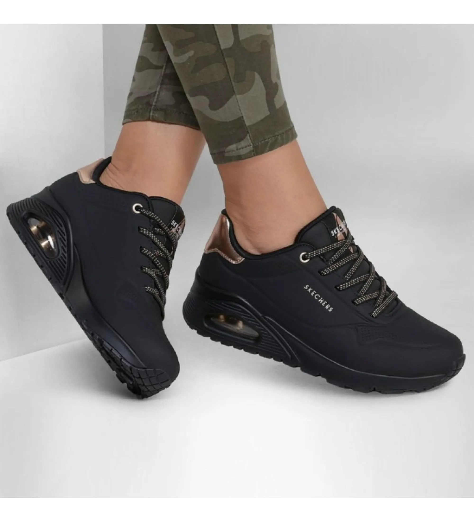 Skechers Donna Uno Shimmer Away Trainers - Black Durabuck, Rose Gold Duraleather/Mesh - 39 EU - immagine 2