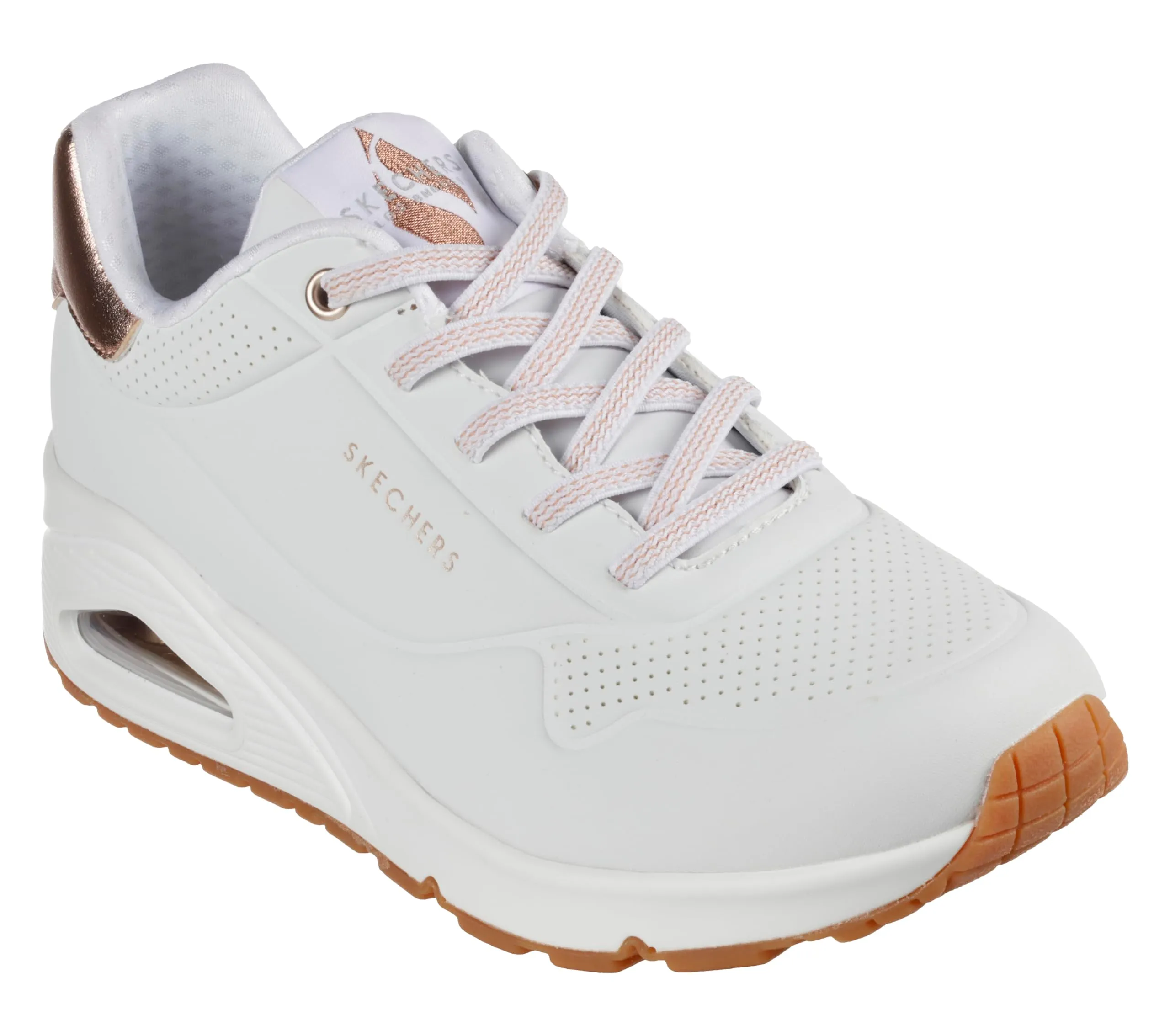 Skechers Donna Uno Shimmer Away Trainers - White Durabuck Rose Gold Duraleather/Mesh TR, 42 EU - immagine 3