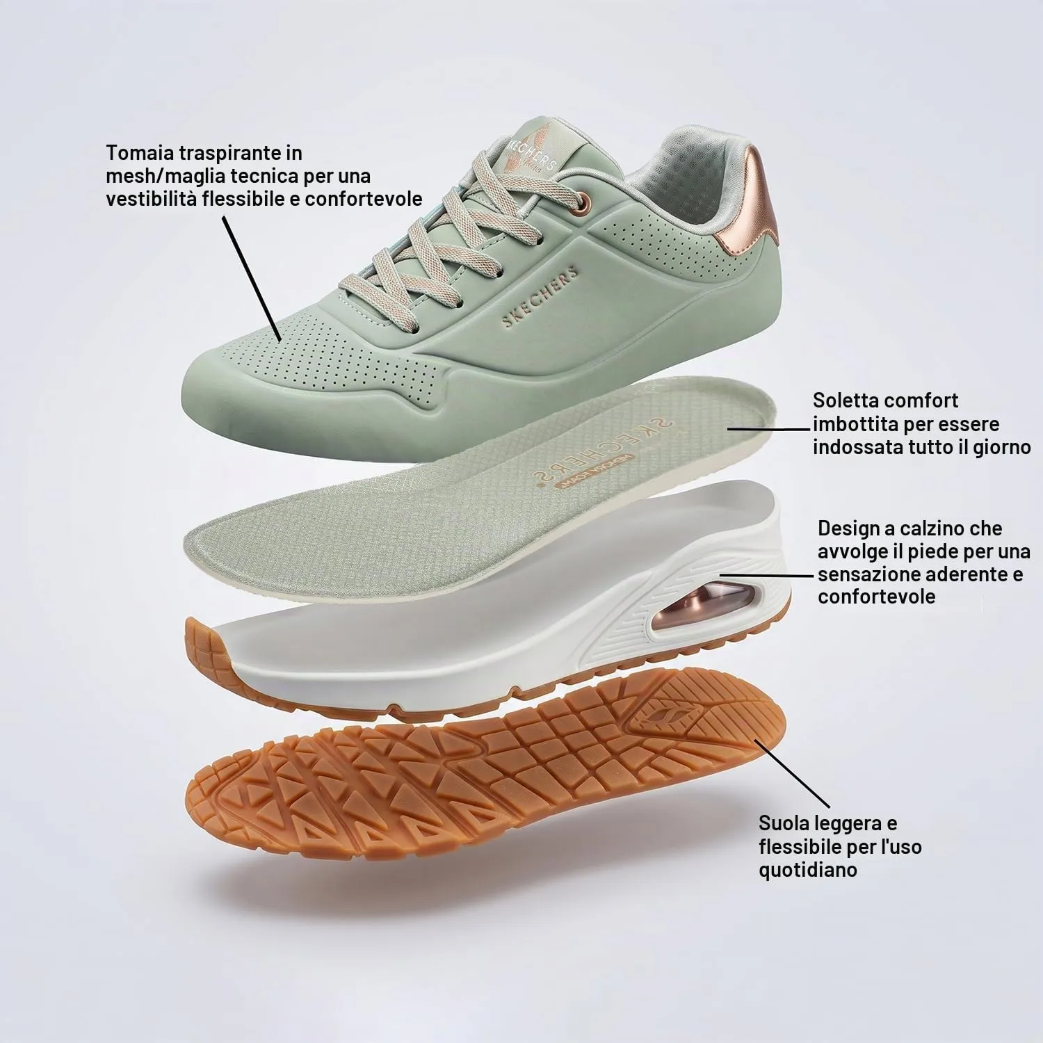 Skechers Uno Shimmer Away Wedge Slip-on Fashion Sneakers, Sage Green, 39 EU - immagine 4
