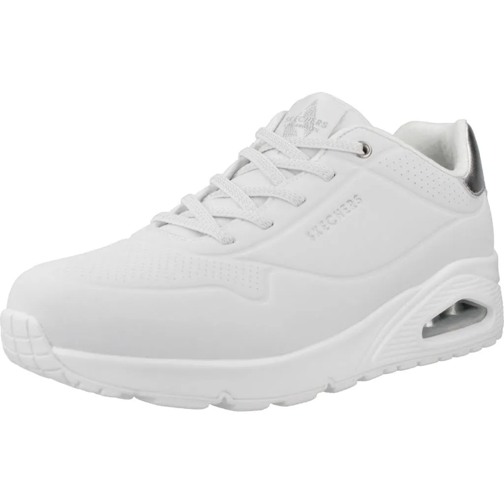 Skechers Uno Shimmer Away Sneaker Donna, Bianco Durabuck Argento Duraleather Mesh Trim, 38.5 EU - immagine 1