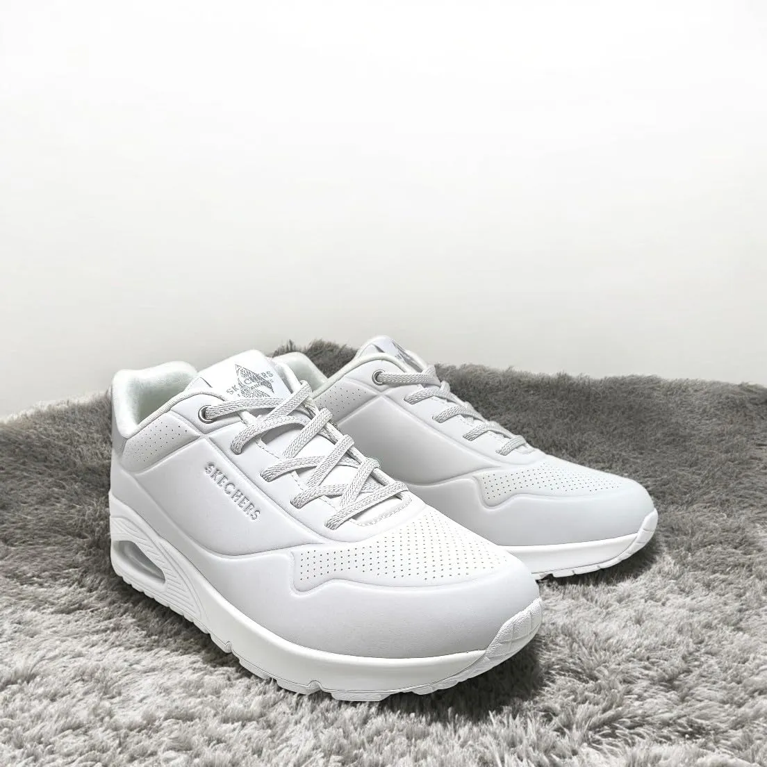 Skechers Uno Shimmer Away Sneaker Donna, Bianco Durabuck Argento Duraleather Mesh Trim, 42 EU - immagine 2