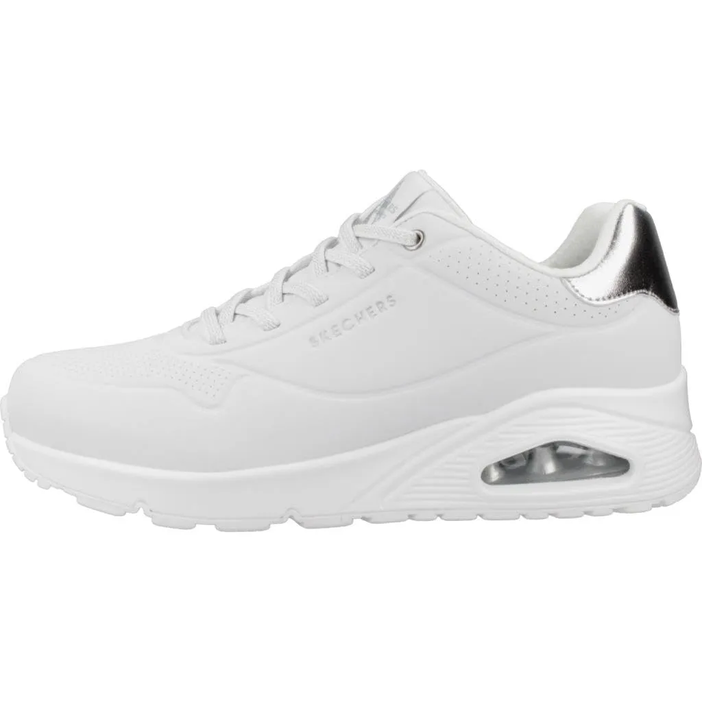 Skechers Uno Shimmer Away Sneaker Donna, White Durabuck Silver Duraleather Mesh Trim, 37 EU - immagine 3