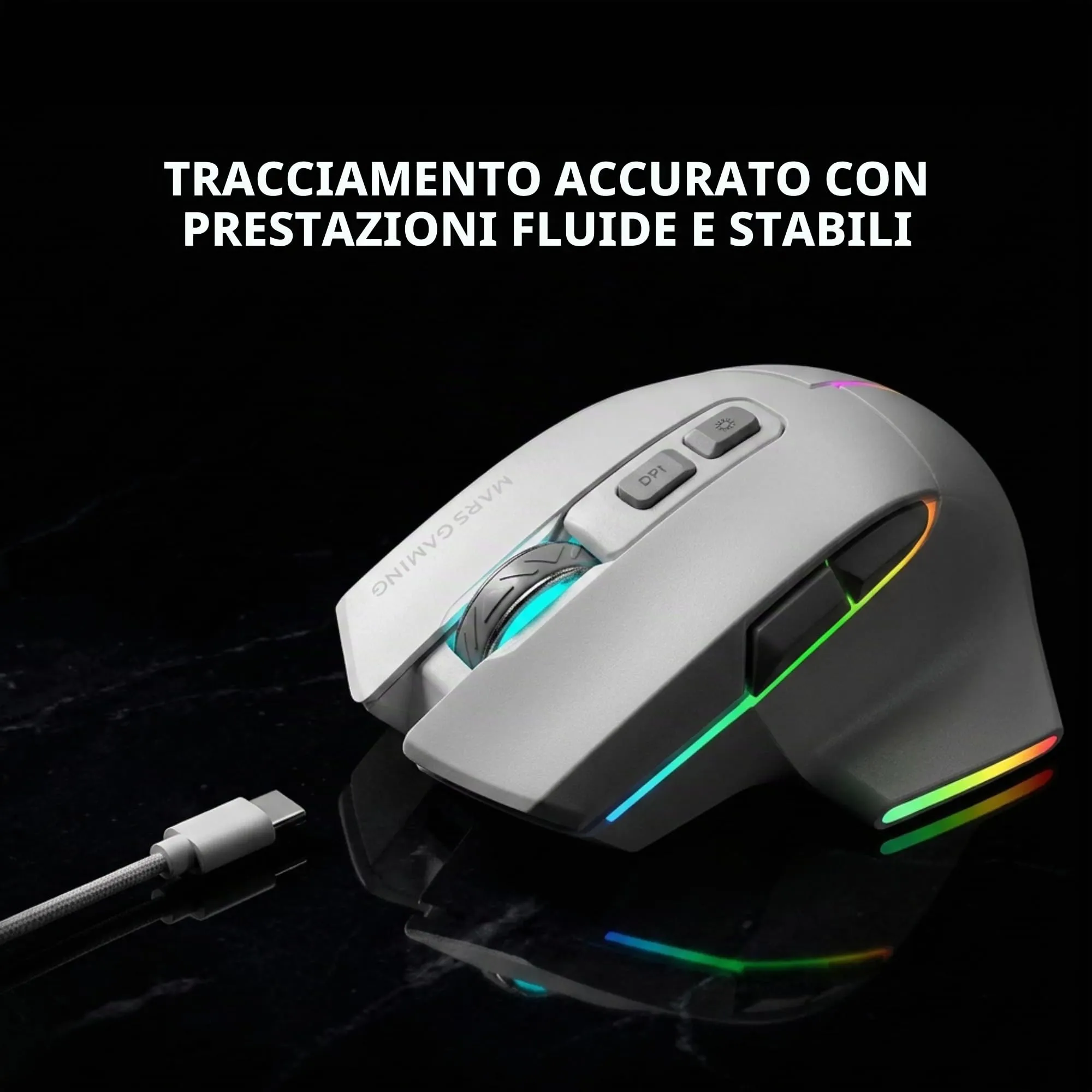 Mars Gaming MMW-VECTOR Wireless Tri-mode Gaming Mouse, Bluetooth 5.4, 2.4G, USB-C, 12000 DPI, Huano Switches, RGB Chroma, White - immagine 4