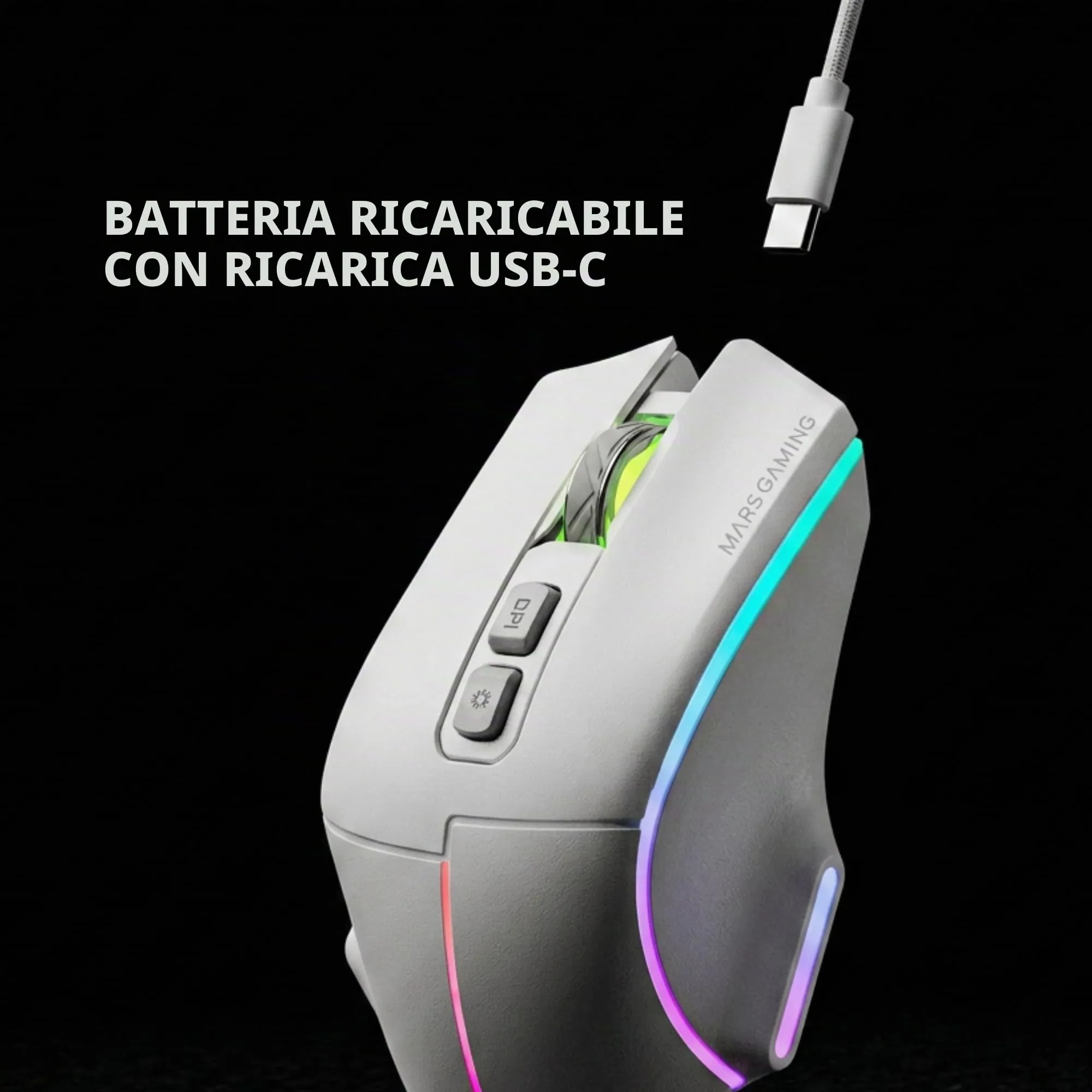 Mars Gaming MMW-VECTOR Wireless Tri-mode Gaming Mouse, Bluetooth 5.4, 2.4G, USB-C, 12000 DPI, Huano Switches, RGB Chroma, White - immagine 7
