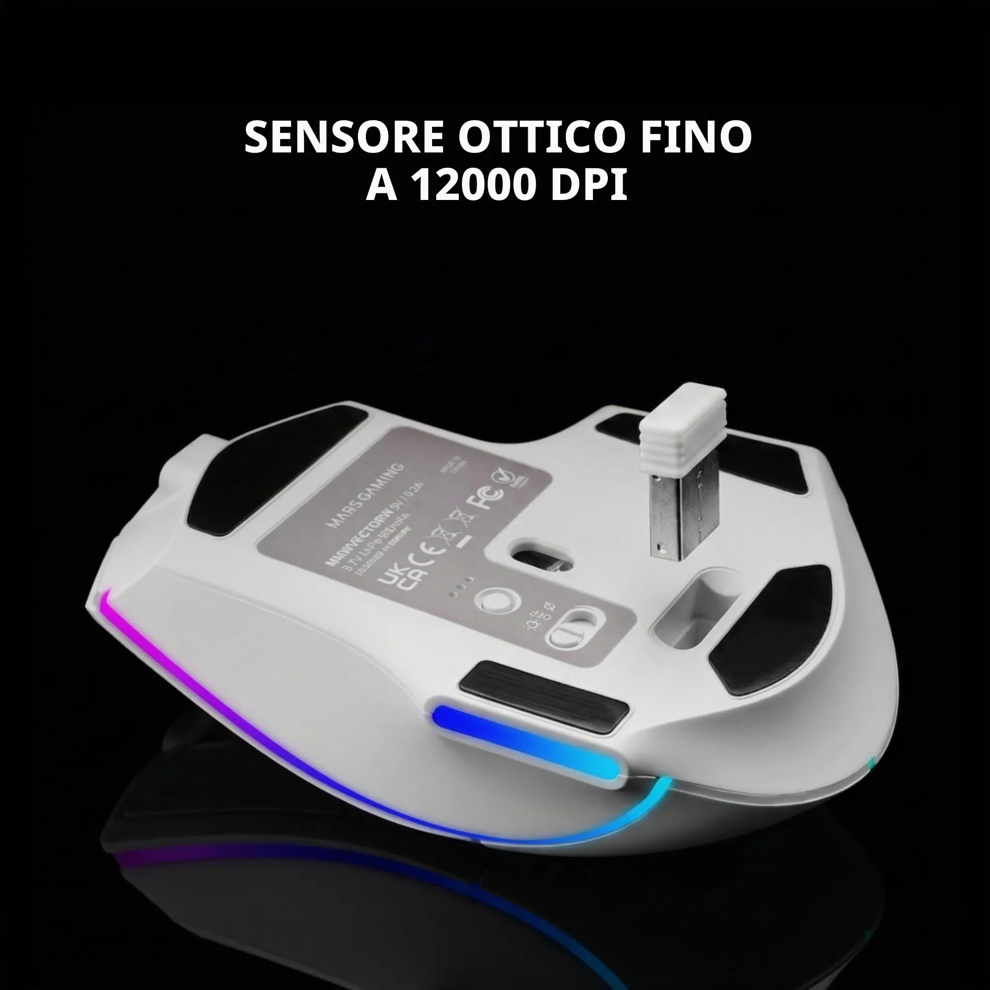 Mars Gaming MMW-VECTOR Wireless Tri-mode Gaming Mouse, Bluetooth 5.4, 2.4G, USB-C, 12000 DPI, Huano Switches, RGB Chroma, White - immagine 8