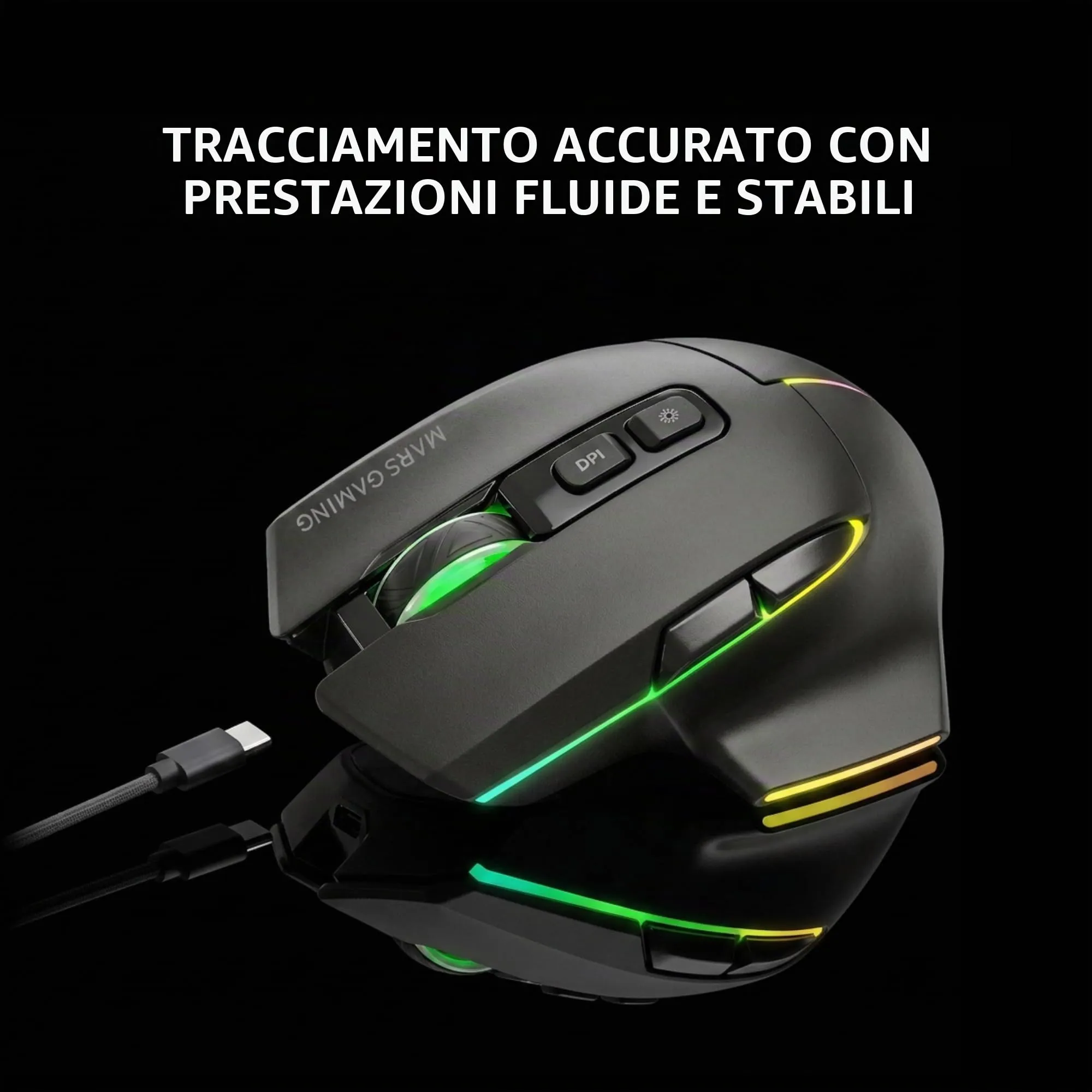 Mars Gaming MMW-VECTOR Wireless Gaming Mouse, Tri-mode Bluetooth 5.4, 2.4G, USB-C, 12000 DPI Optical Sensor, Huano Switches, RGB Chroma, Black - immagine 5