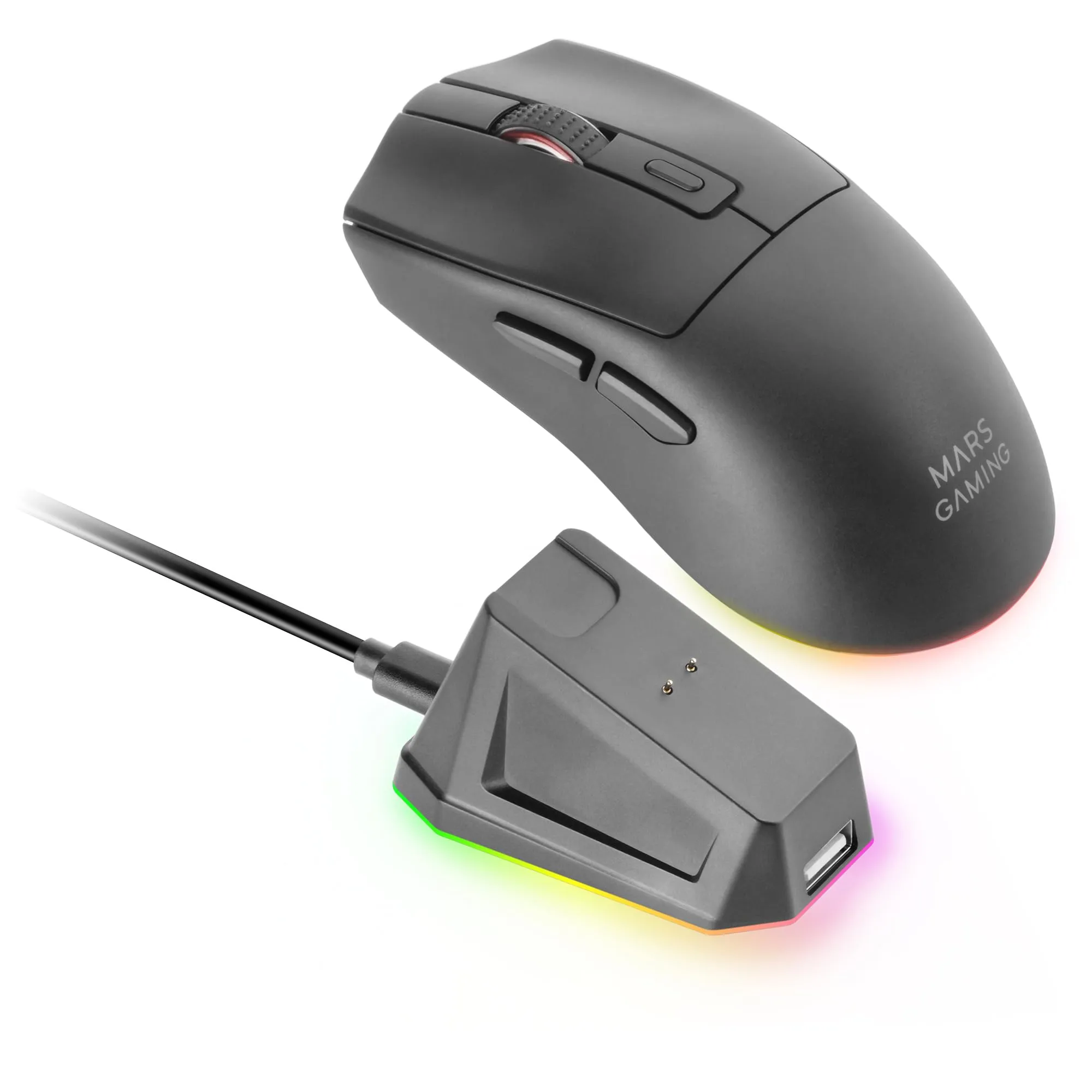 Mars Gaming MM-T3 Wireless Ultralight Mouse, Bluetooth 5.0 + 2.4 GHz + Wired, PIXART PAW3104PRO 14400 DPI, RGB Magnetic Charging Base, Huano Switches, Nero - immagine 1