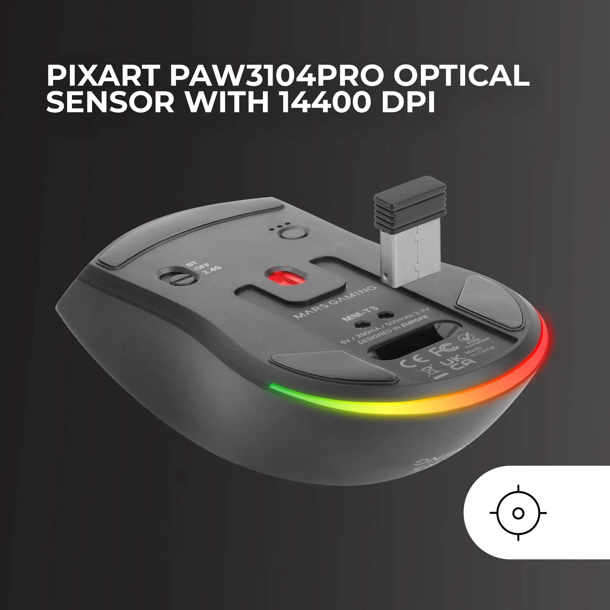 Mars Gaming MM-T3 Wireless Ultralight Mouse, Bluetooth 5.0 + 2.4 GHz + Wired, PIXART PAW3104PRO 14400 DPI, RGB Magnetic Charging Base, Huano Switches, Nero - immagine 3