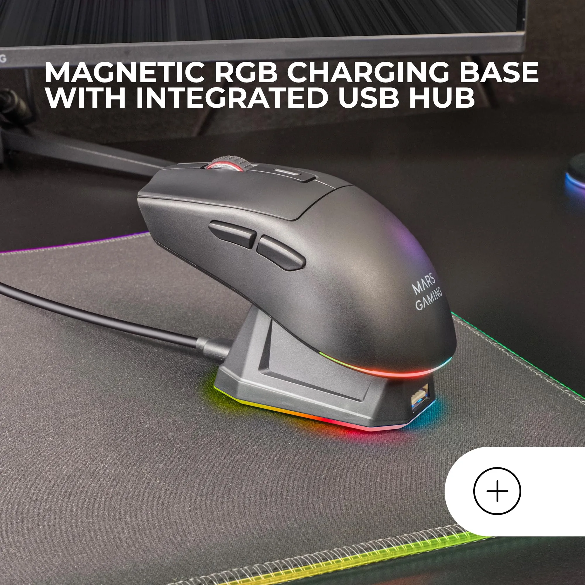 Mars Gaming MM-T3 Wireless Ultralight Mouse, Bluetooth 5.0 + 2.4 GHz + Wired, PIXART PAW3104PRO 14400 DPI, RGB Magnetic Charging Base, Huano Switches, Nero - immagine 4