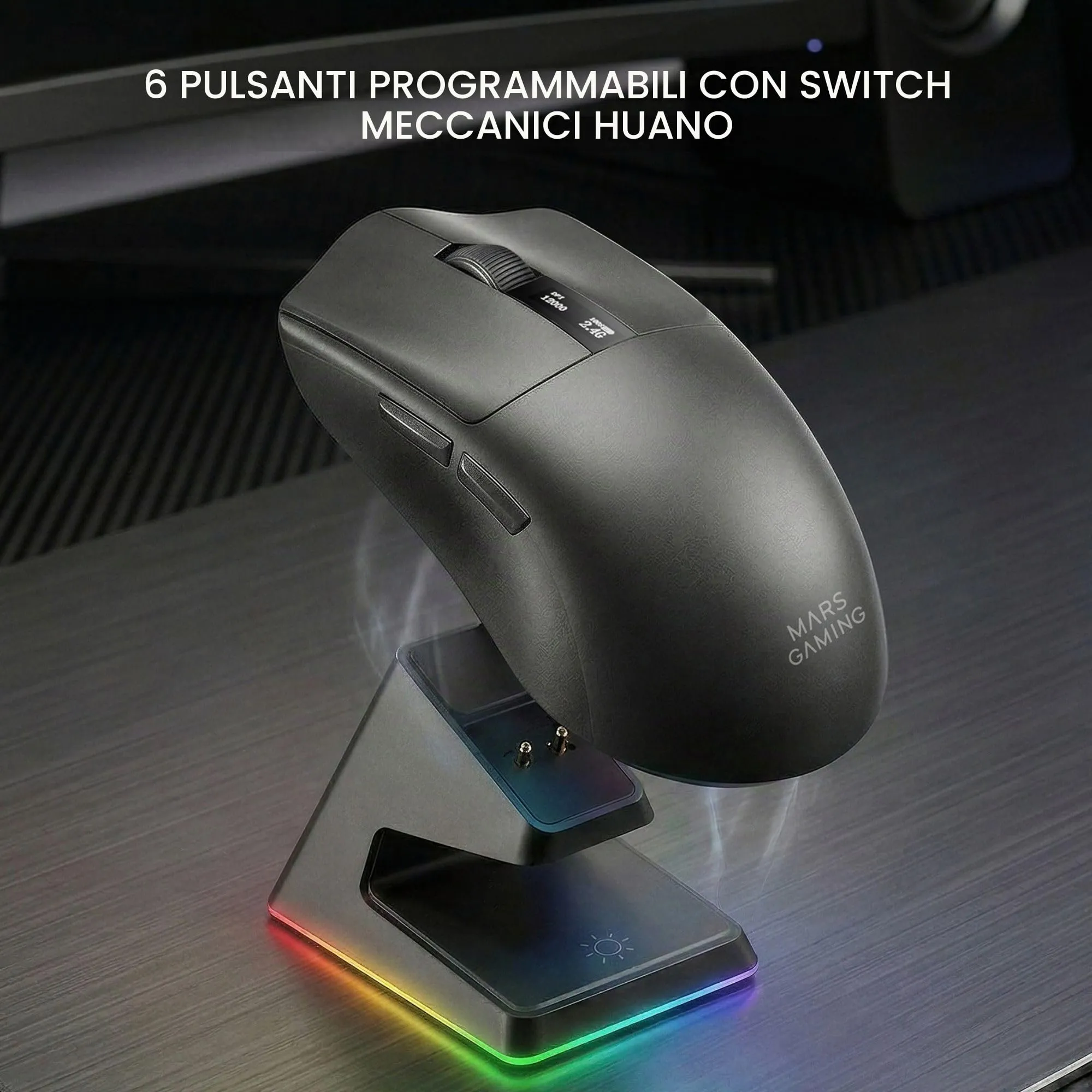 Mars Gaming MMW-ELITE Wireless Gaming Mouse, Bluetooth 5.4 + 2.4G + Cable, PixArt PAW3311PRO 20000 DPI, 69g, 6 Buttons, OLED Screen, RGB Magnetic Charging Base, Black - immagine 2