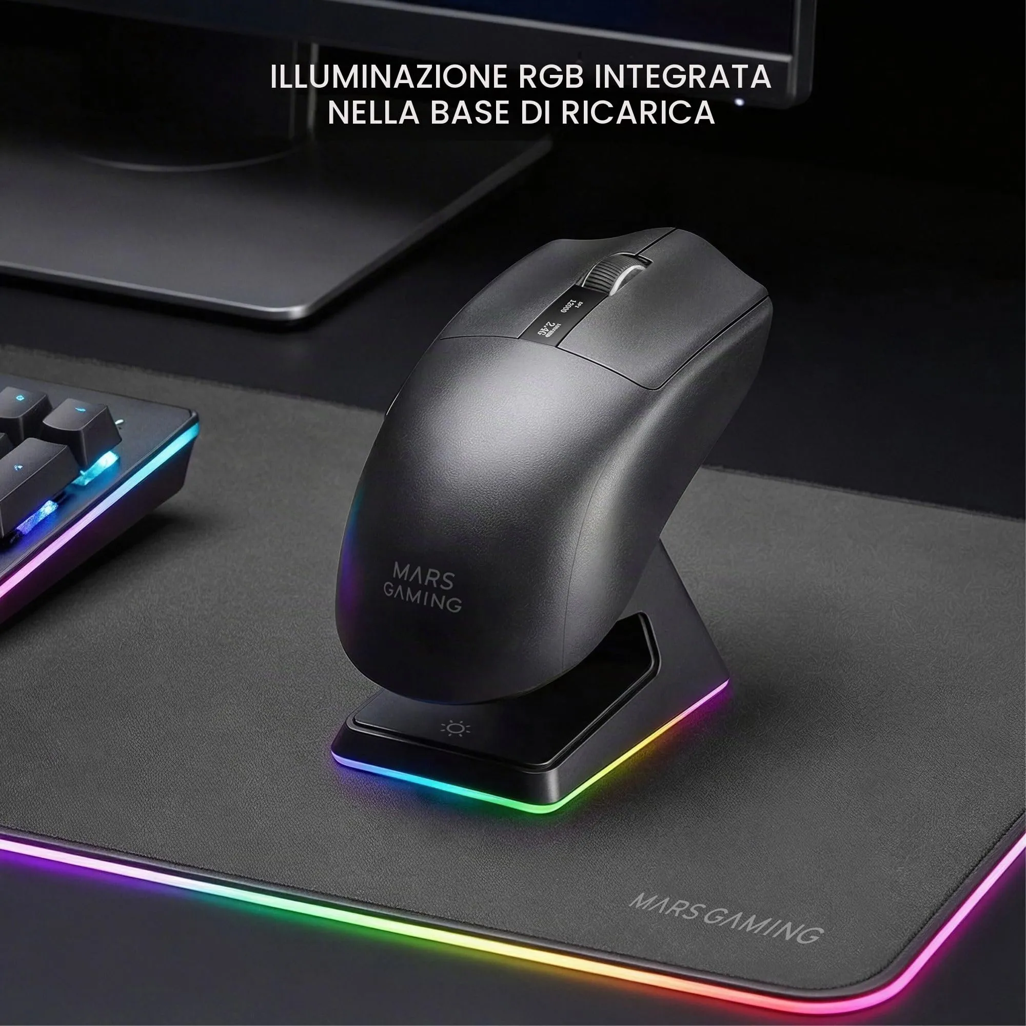 Mars Gaming MMW-ELITE Wireless Gaming Mouse, Bluetooth 5.4 + 2.4G + Cable, PixArt PAW3311PRO 20000 DPI, 69g, 6 Buttons, OLED Screen, RGB Magnetic Charging Base, Black - immagine 3
