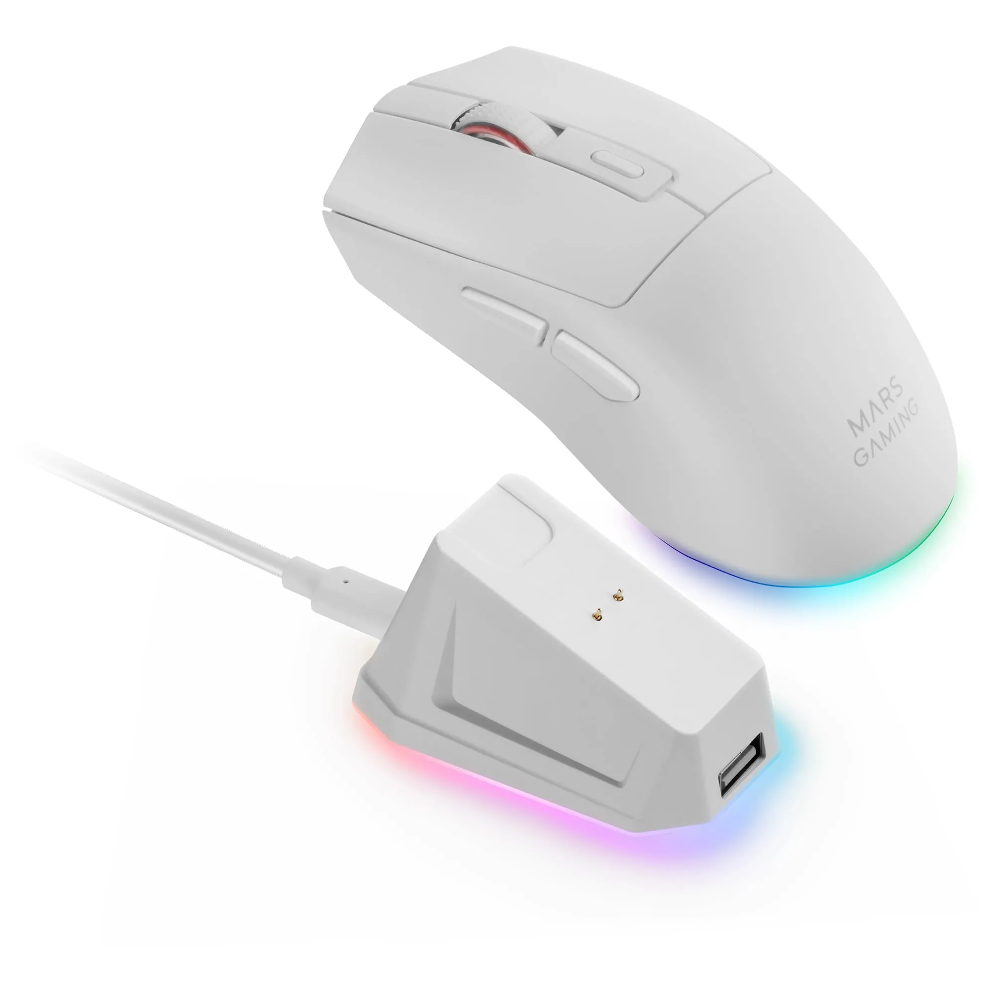 Mars Gaming MM-T3 Wireless Ultralight Mouse, Bluetooth 5.0, 2.4 GHz, Wired, PIXART PAW3104PRO 14400 DPI, RGB Magnetic Charging Base, Huano Switches, White - immagine 1