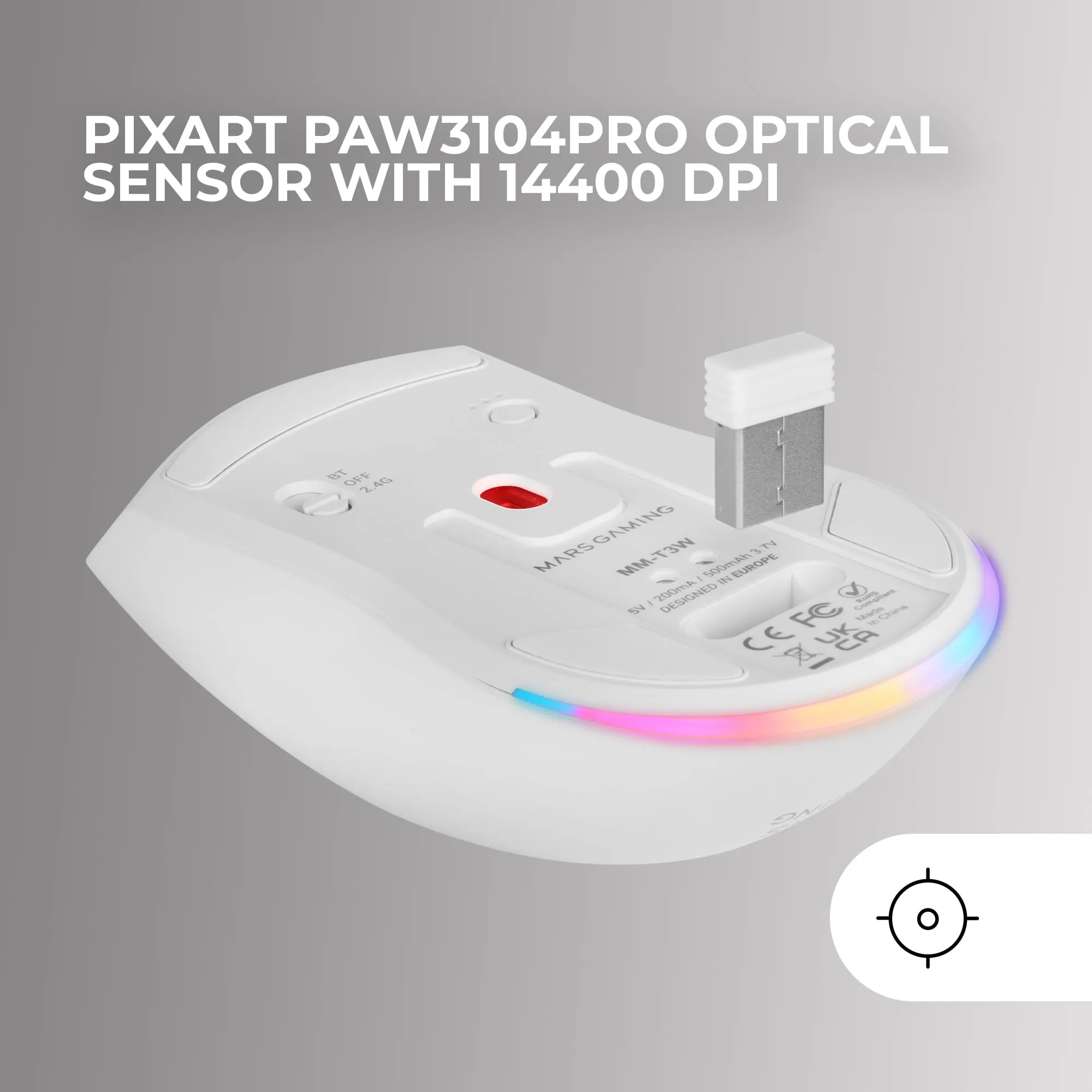 Mars Gaming MM-T3 Wireless Ultralight Mouse, Bluetooth 5.0, 2.4 GHz, Wired, PIXART PAW3104PRO 14400 DPI, RGB Magnetic Charging Base, Huano Switches, White - immagine 3