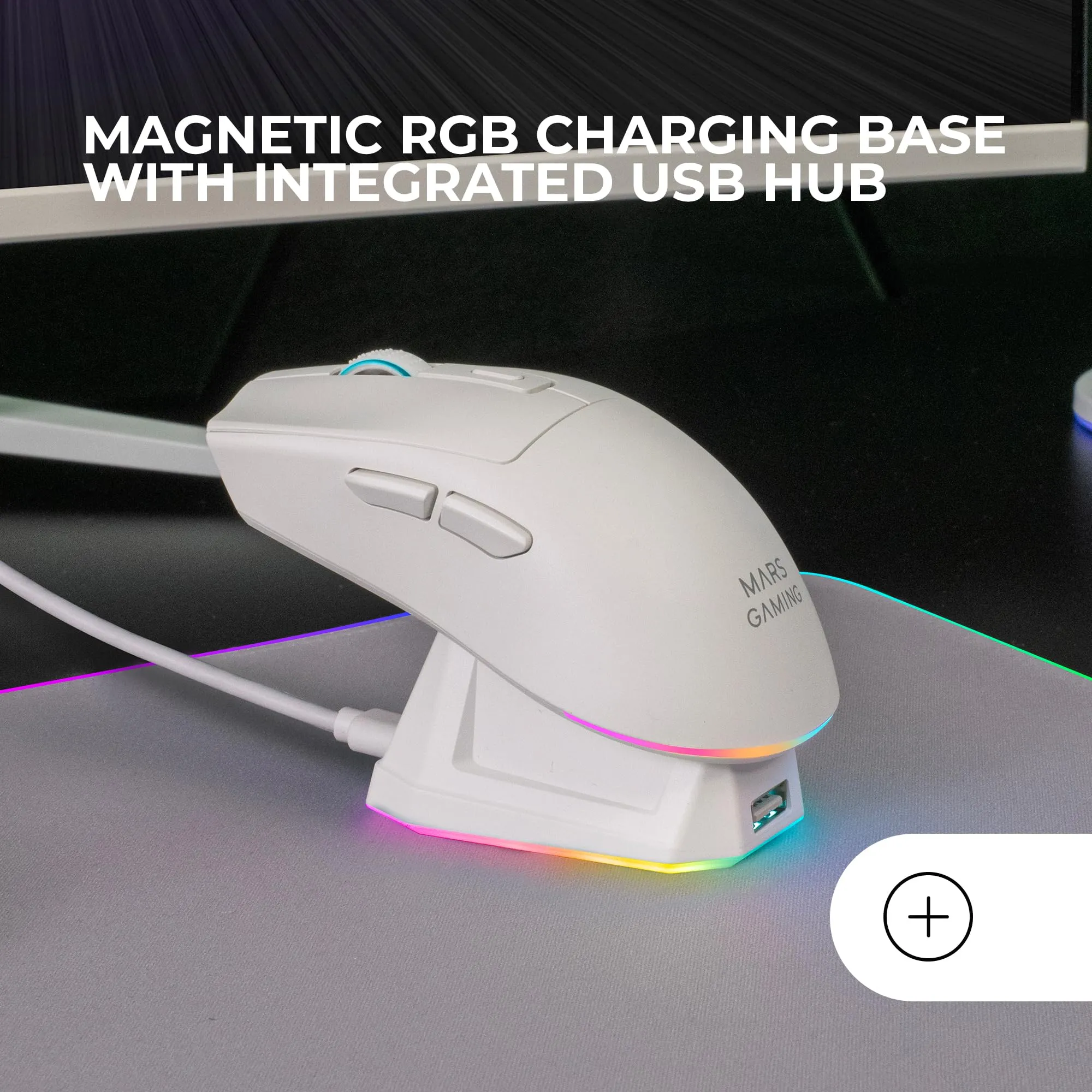 Mars Gaming MM-T3 Wireless Ultralight Mouse, Bluetooth 5.0, 2.4 GHz, Wired, PIXART PAW3104PRO 14400 DPI, RGB Magnetic Charging Base, Huano Switches, White - immagine 4