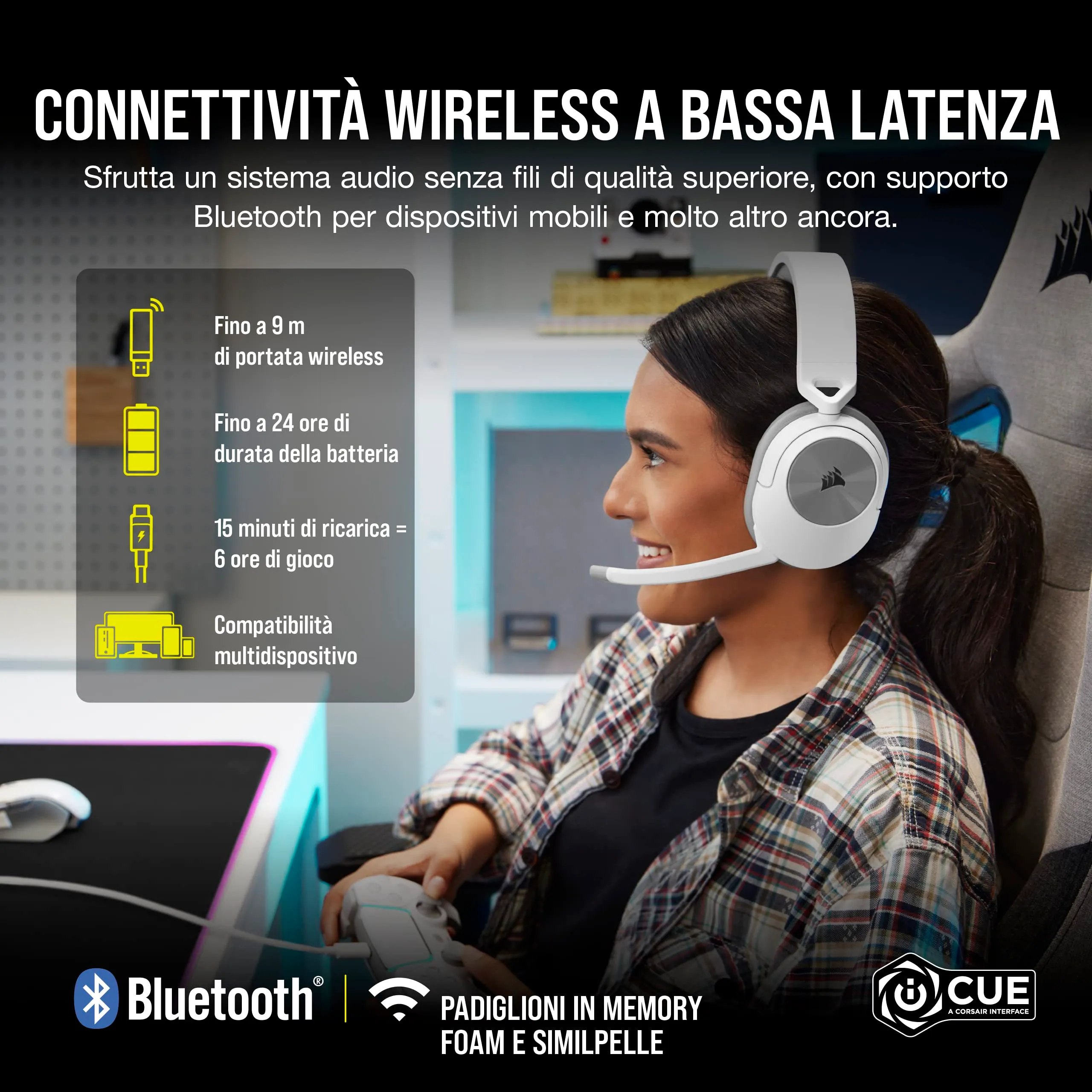 Corsair HS55 Wireless Cuffia Gaming con Microfono - Bianco - immagine 3