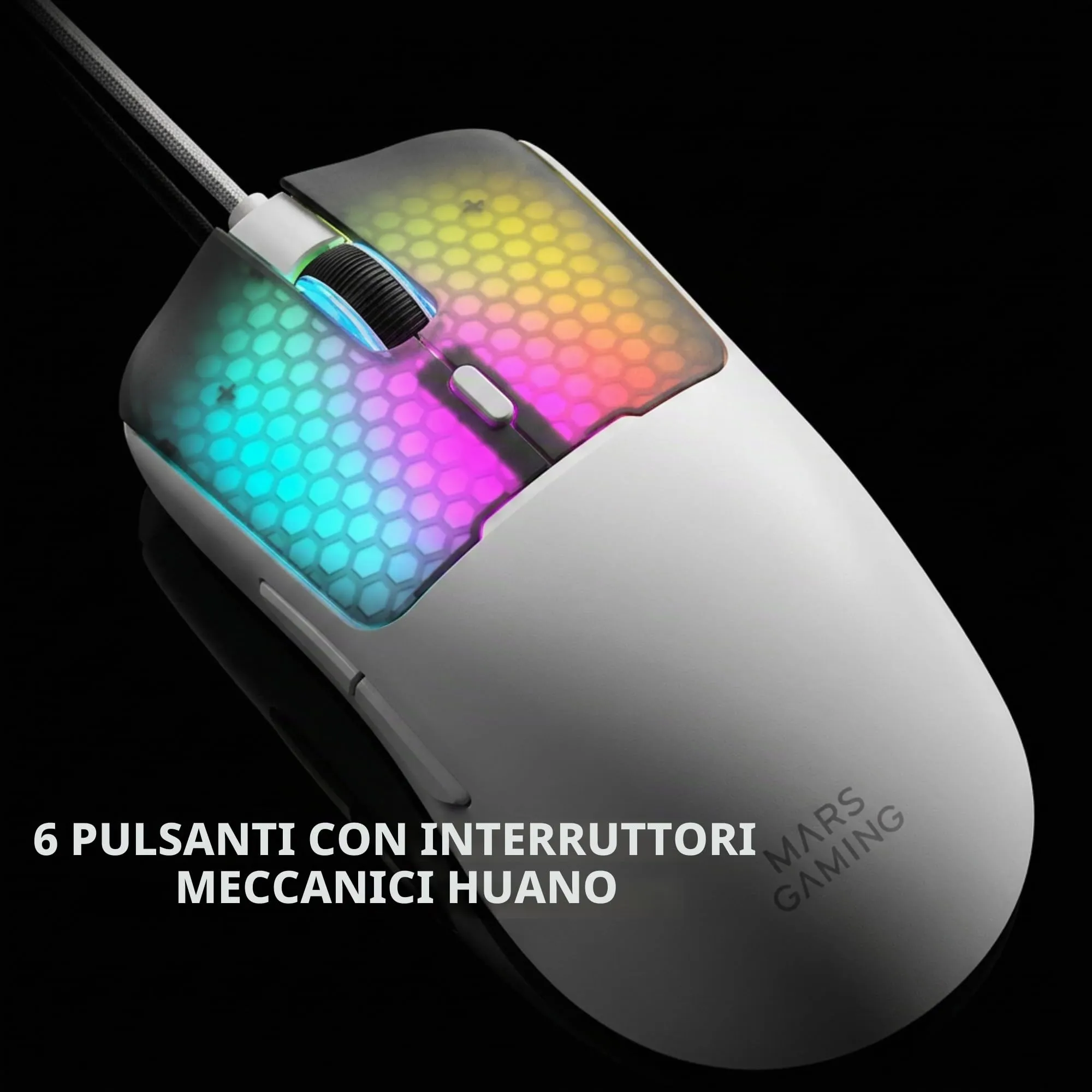 Mars Gaming MM-VIPER Ultralight Gaming Mouse, A825PRO Optical Sensor, 12800 DPI, Huano Mechanical Switches, RGB Chroma, Bianco - immagine 2