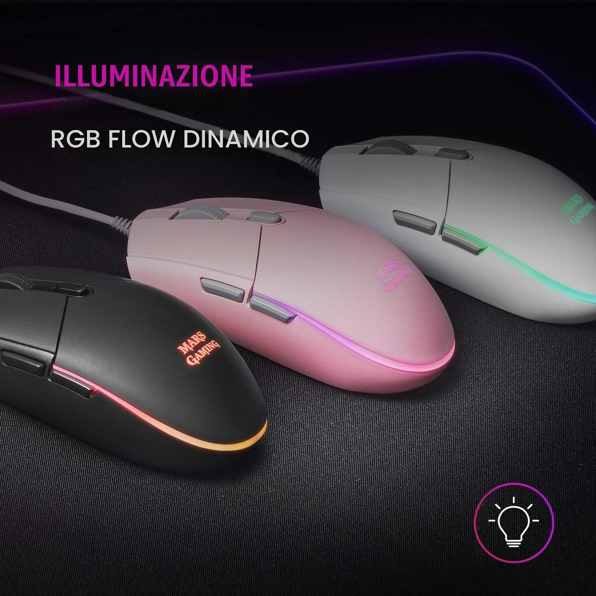 Mars Gaming MMG RGB Flow Gaming Mouse, 3200 DPI, Huano Mechanical Switches, 6 Buttons, Black - immagine 2