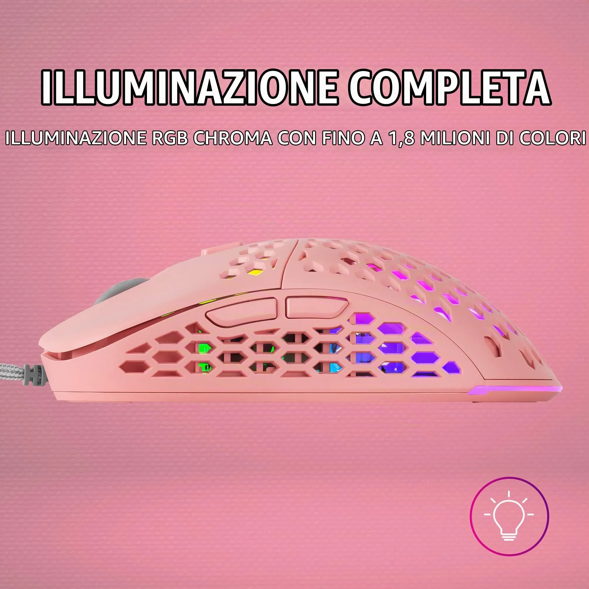 Mars Gaming MM55 Mouse Gaming RGB Chroma, 12800 DPI, Huano Switch Meccanici Programmabili, Rosa - immagine 3