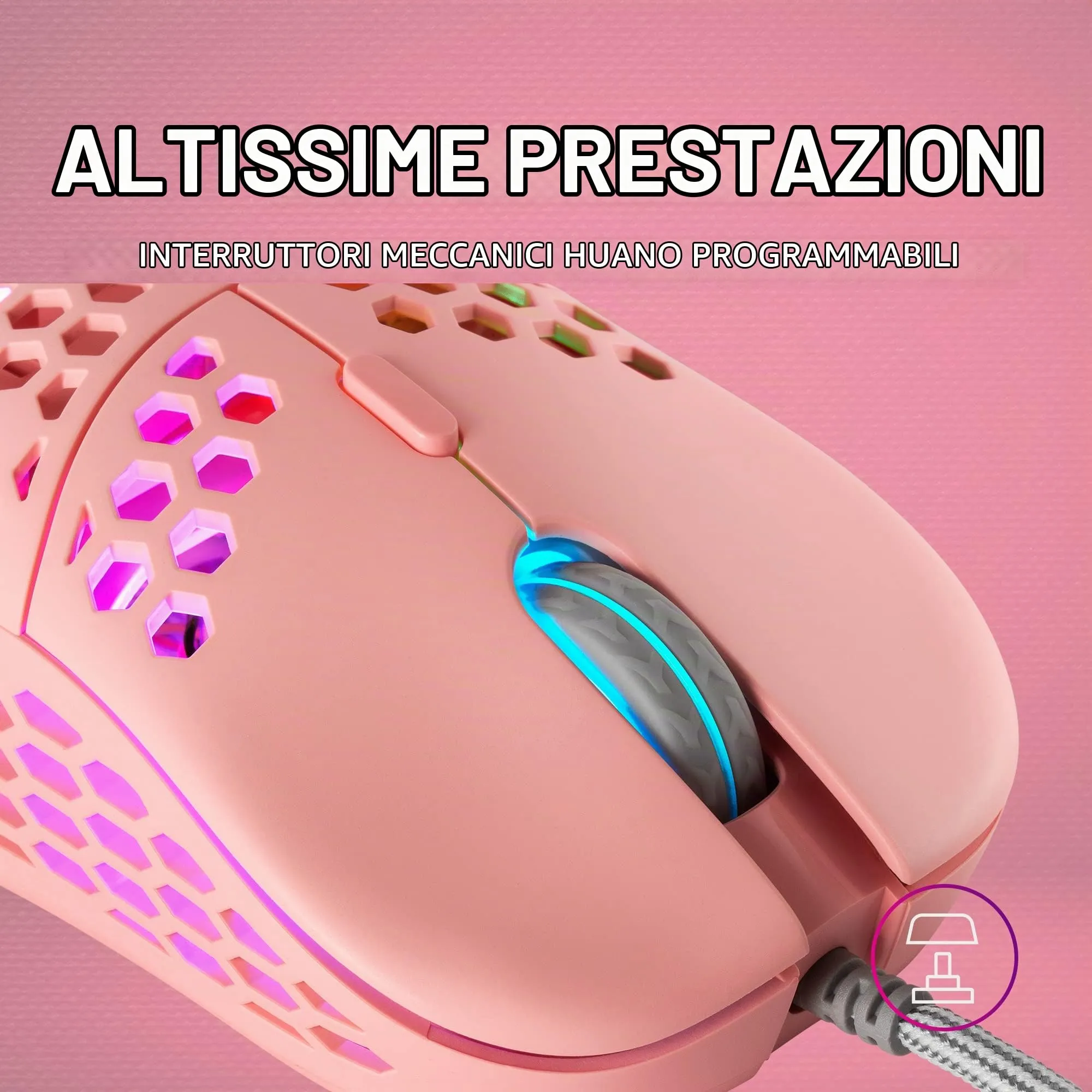 Mars Gaming MM55 Mouse Gaming RGB Chroma, 12800 DPI, Huano Switch Meccanici Programmabili, Rosa - immagine 4