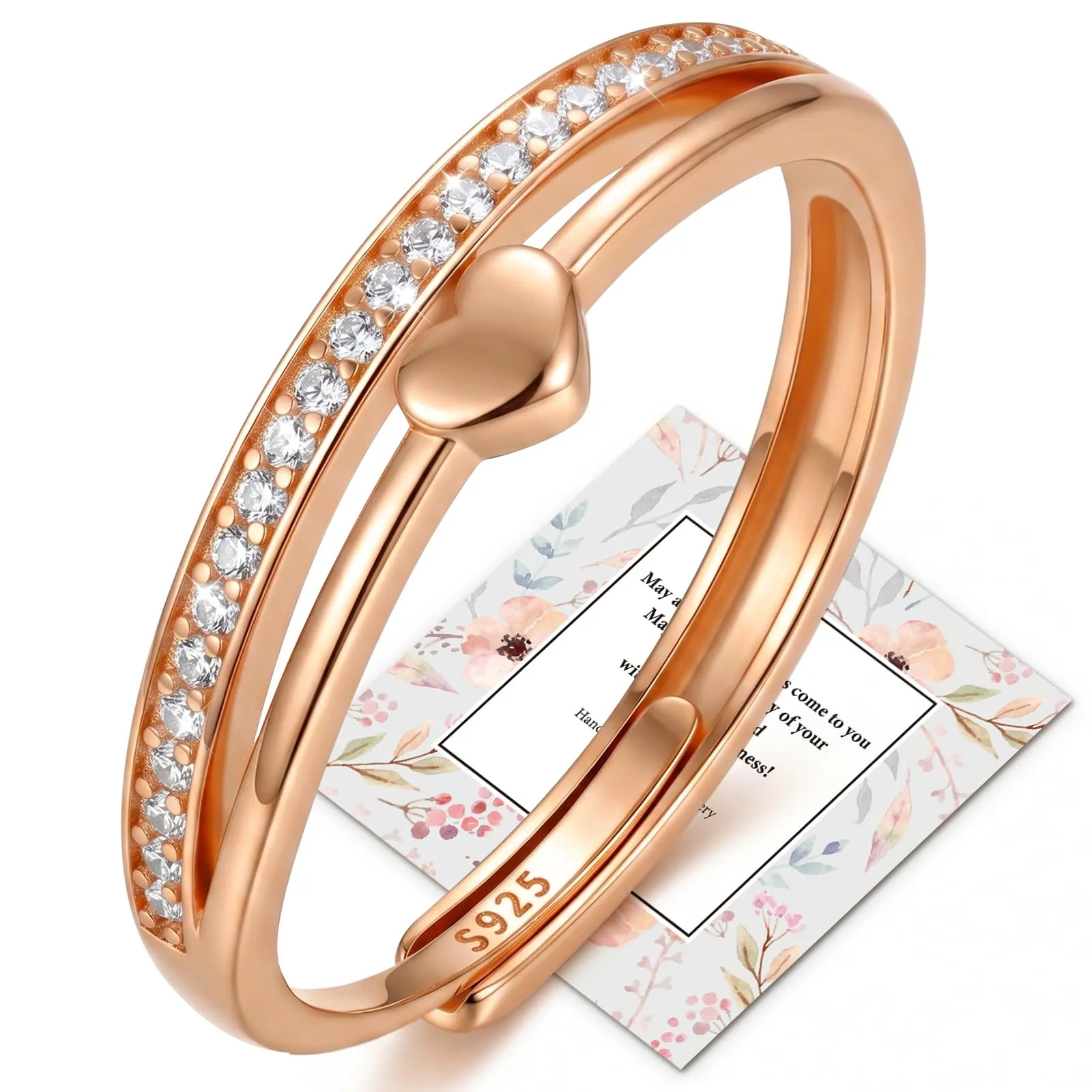 Ahokei Anello in Argento Sterling 925 Oro Rosa a Doppio Giro con Cuore e Zirconi, Regolabile - immagine 1