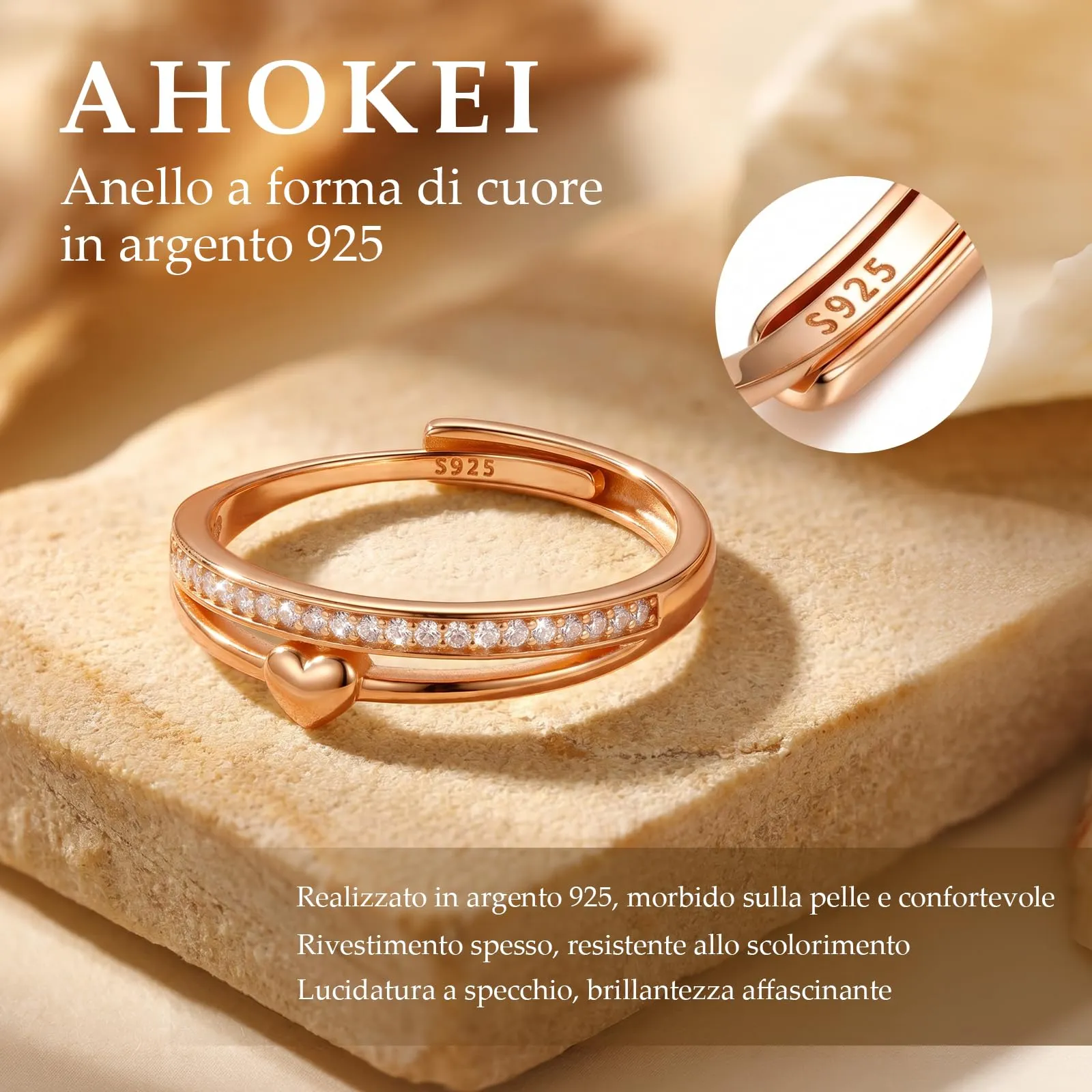 Ahokei Anello in Argento Sterling 925 Oro Rosa a Doppio Giro con Cuore e Zirconi, Regolabile - immagine 2