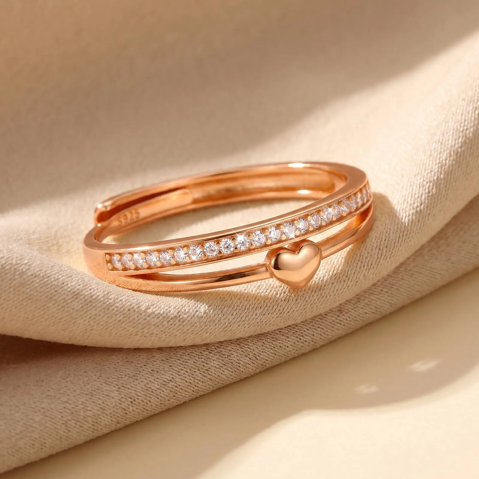 Ahokei Anello in Argento Sterling 925 Oro Rosa a Doppio Giro con Cuore e Zirconi, Regolabile - immagine 7