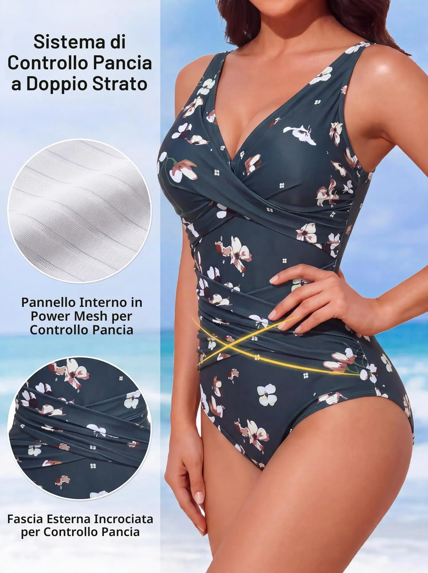 Smismivo Costume da Bagno Intero da Donna con Controllo della Pancia e Push up, Halter Imbottito, Floreale Dark Green Floral - immagine 3