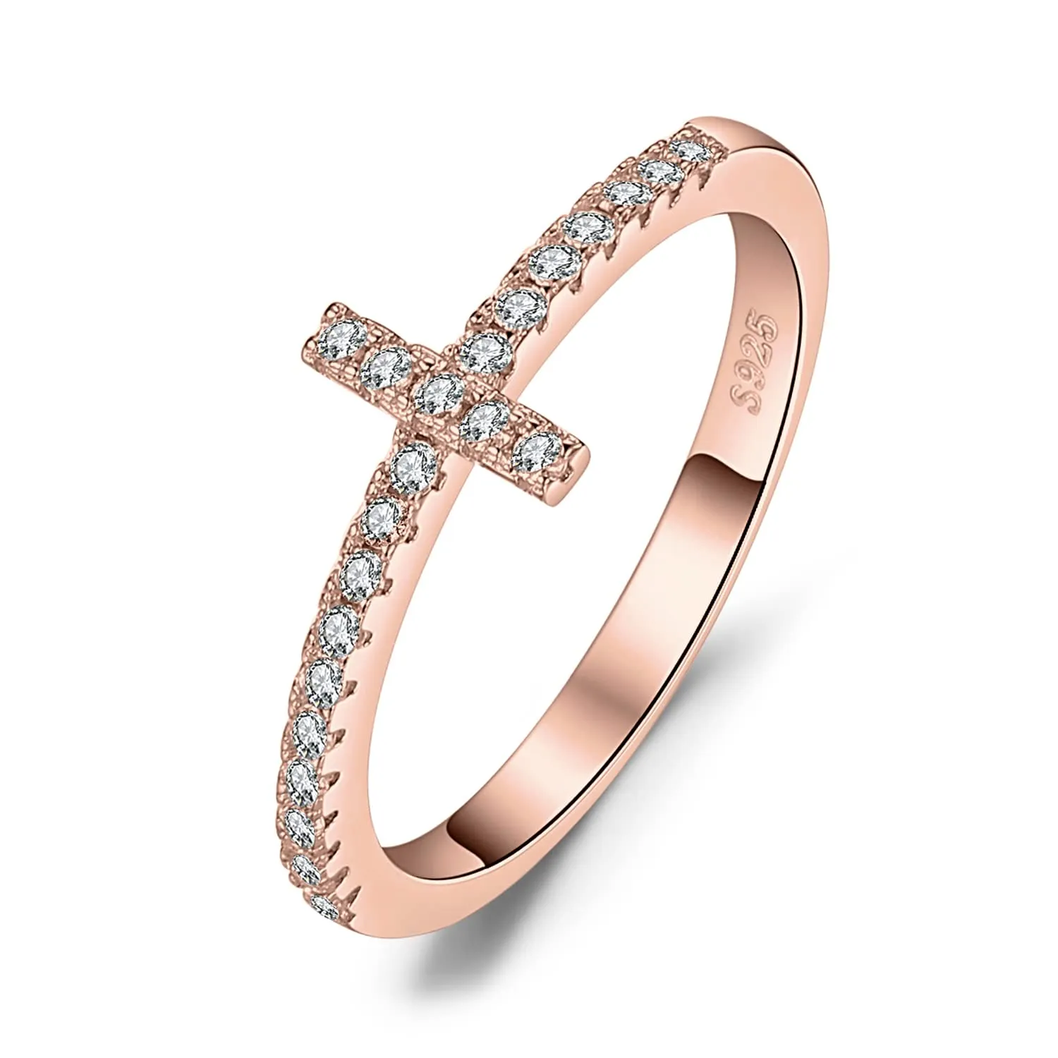 JewelryPalace Anello in Argento 925 Oro Rosa con Croce Laterale e Diamanti Simulati, Taglia 19.5 - immagine 1