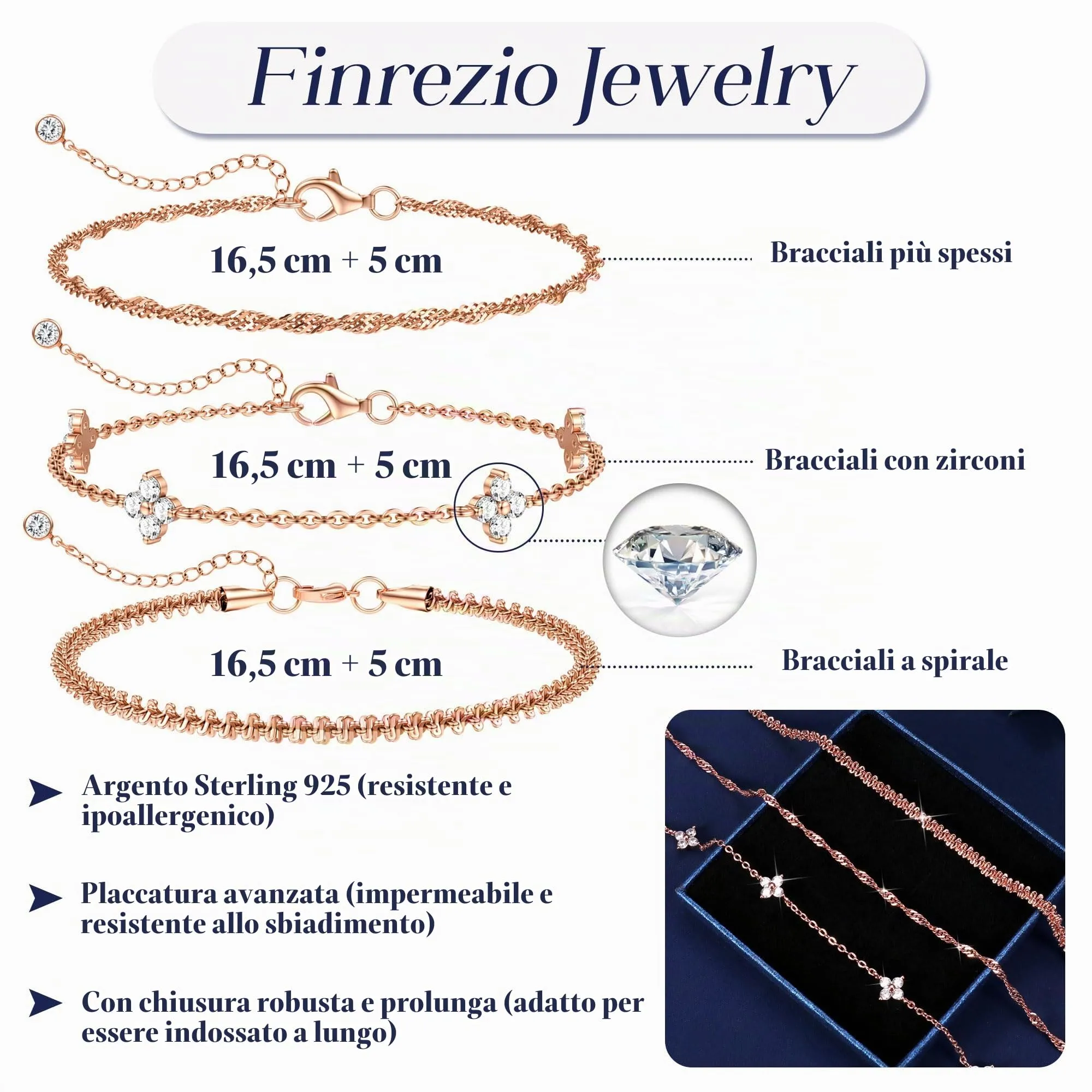 Finrezio Set di 3 Bracciali Oro Rosa per Donna con Chiusura in Argento 925 - immagine 2