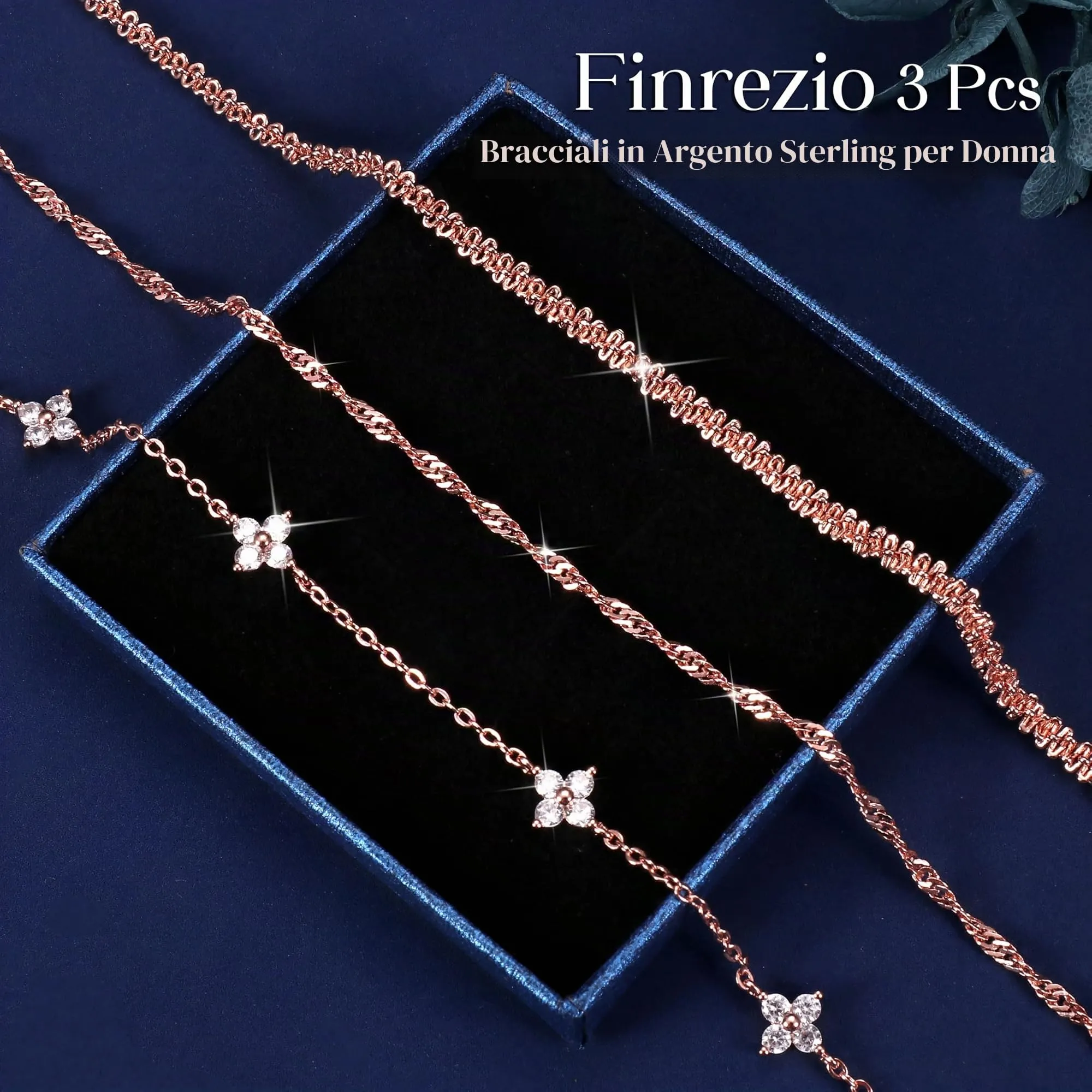 Finrezio Set di 3 Bracciali Oro Rosa per Donna con Chiusura in Argento 925 - immagine 5