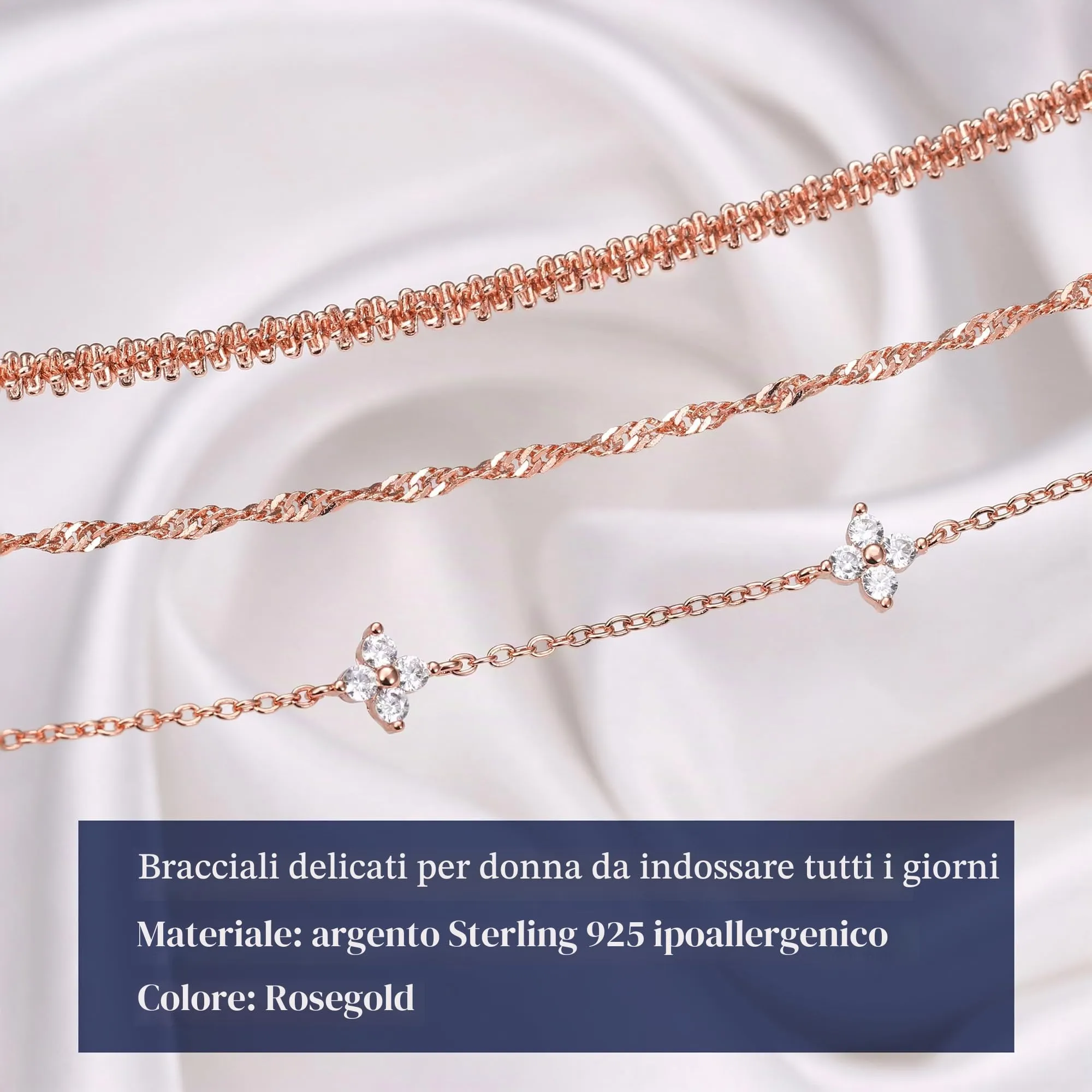 Finrezio Set di 3 Bracciali Oro Rosa per Donna con Chiusura in Argento 925 - immagine 6