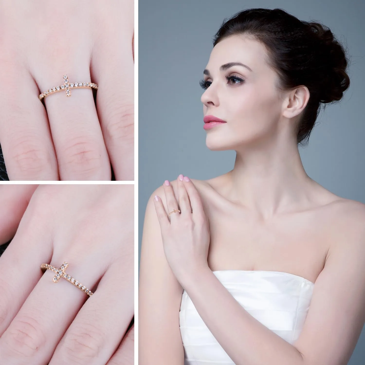 JewelryPalace Anello Donna Placcato Oro Rosa 14K con Croce Laterale e Diamanti Simulati, Misura 9.5 - immagine 4