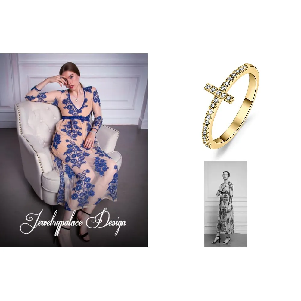 JewelryPalace Anello Donna placcato oro giallo 14K con Croce Laterale e Diamanti Simulati, Taglia 22 - immagine 6