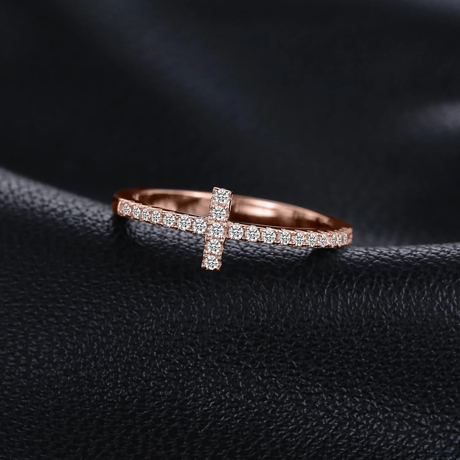 JewelryPalace Anello Donna Placcato Oro Rosa 14K con Croce Laterale e Diamanti Simulati - immagine 3