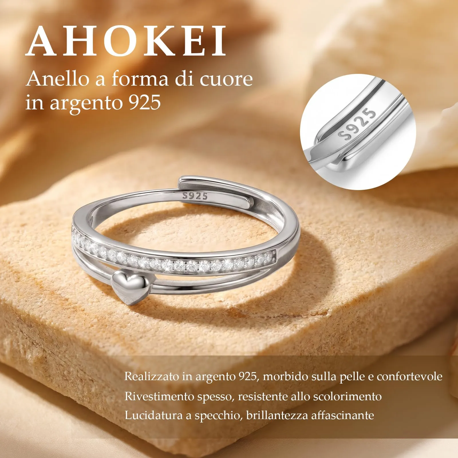 Ahokei Anello in Argento 925 Donna a Doppio Giro con Cuore e Zirconi, Regolabile - immagine 2