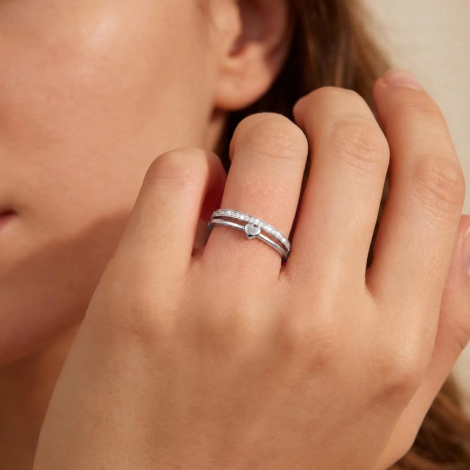 Ahokei Set Anelli in Argento 925 per Donna, Design a Cuore con Zirconi, Regolabili - immagine 3