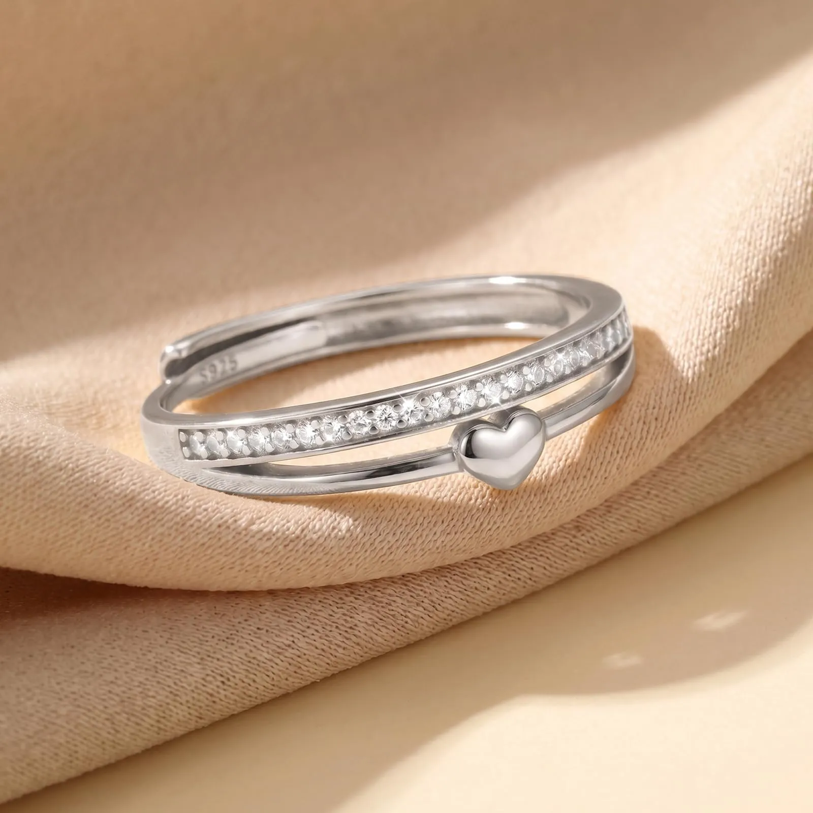 Ahokei Set Anelli in Argento 925 per Donna, Design a Cuore con Zirconi, Regolabili - immagine 7