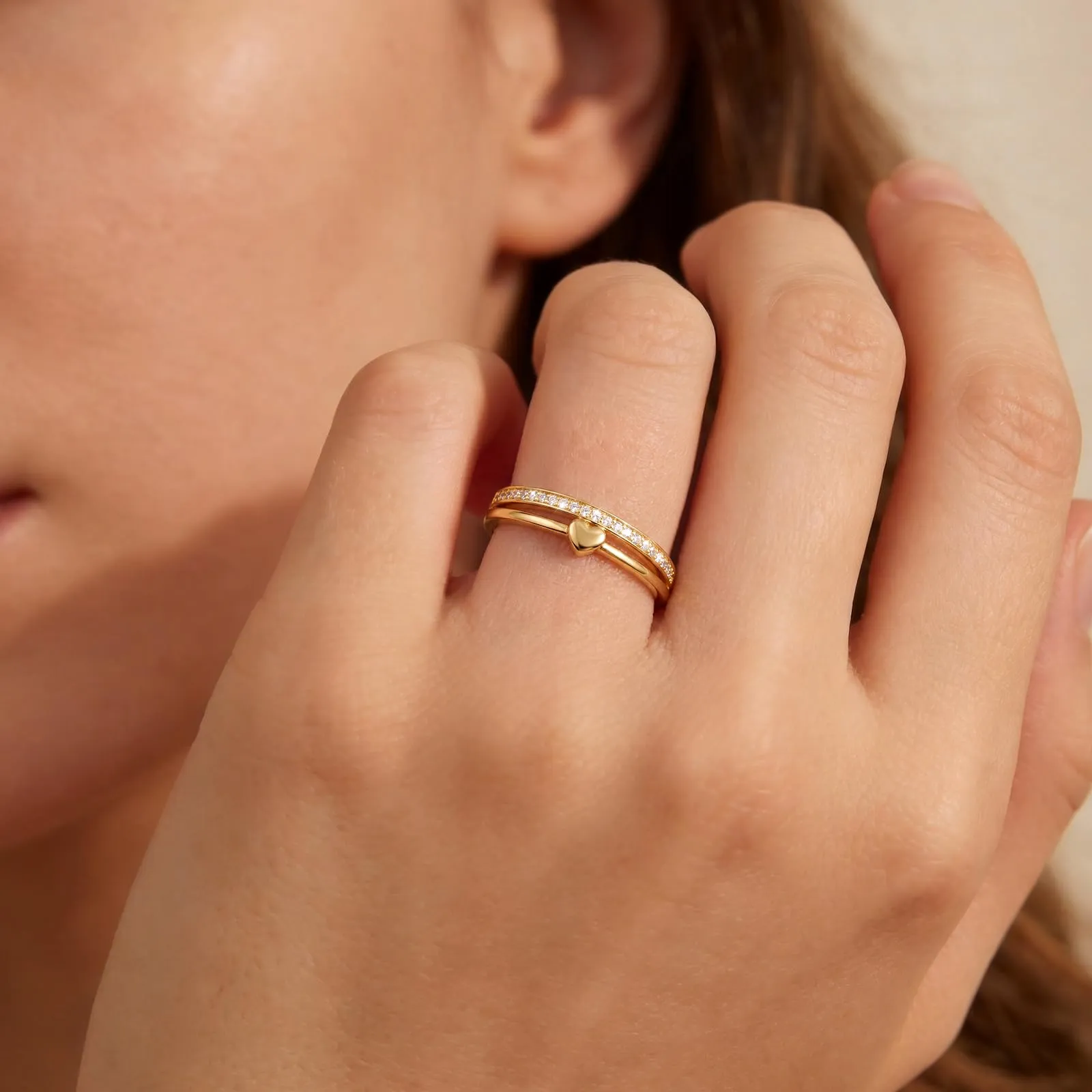 Ahokei Set Anelli Donna in Argento 925 e Oro con Zirconi e Design a Cuore, Regolabile - immagine 3