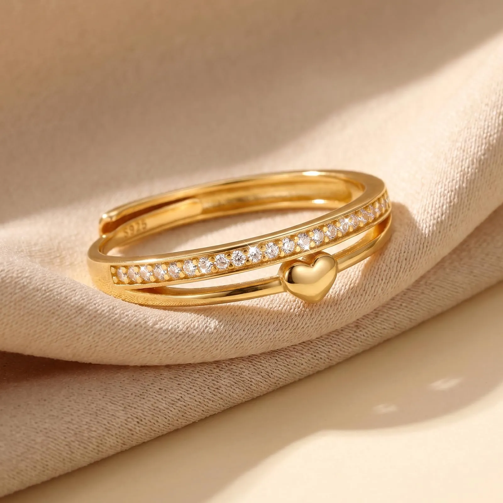 Ahokei Set Anelli Donna in Argento 925 e Oro con Zirconi e Design a Cuore, Regolabile - immagine 7