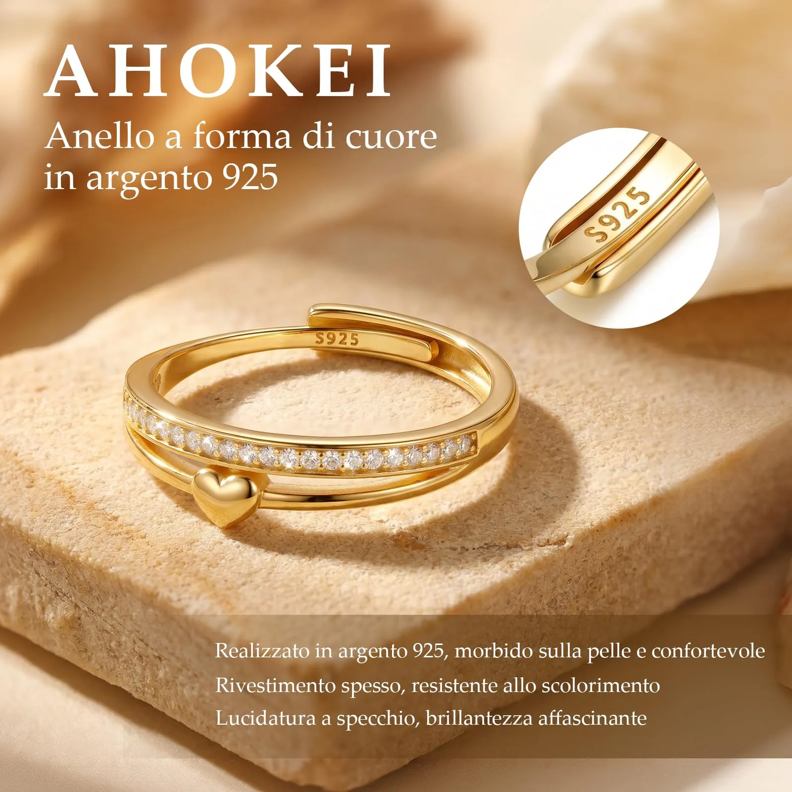 Ahokei Anello a Doppio Giro in Oro con Cuore e Zirconi, Regolabile - immagine 2
