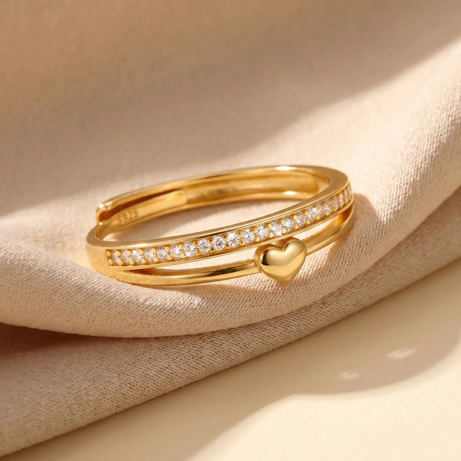 Ahokei Anello a Doppio Giro in Oro con Cuore e Zirconi, Regolabile - immagine 7