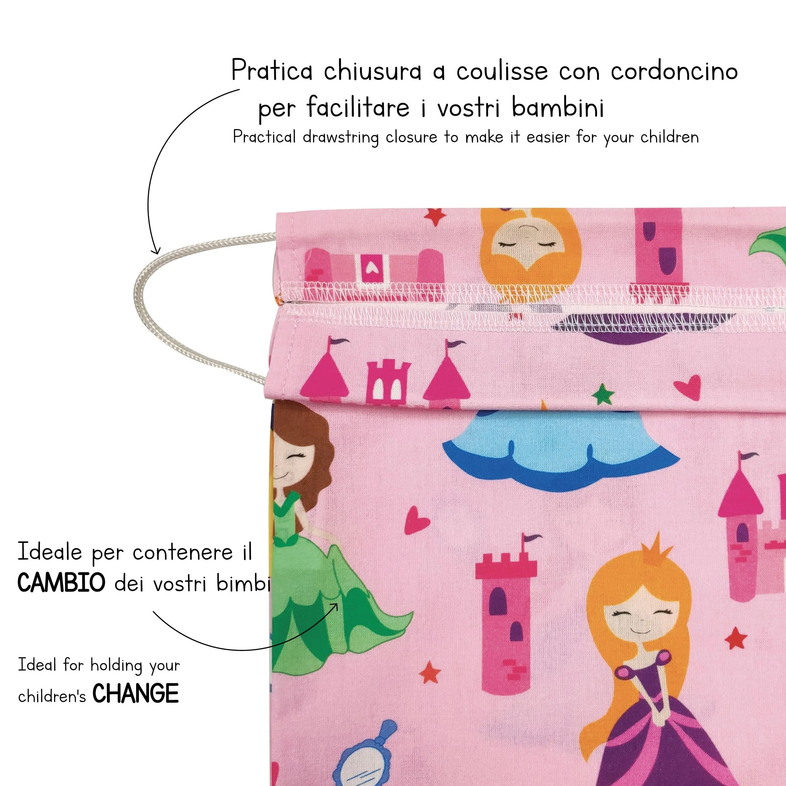 Panini Tessuti Sacchetto per Cambio Asilo Nido 100% Cotone 34x44 cm Principesse - immagine 5