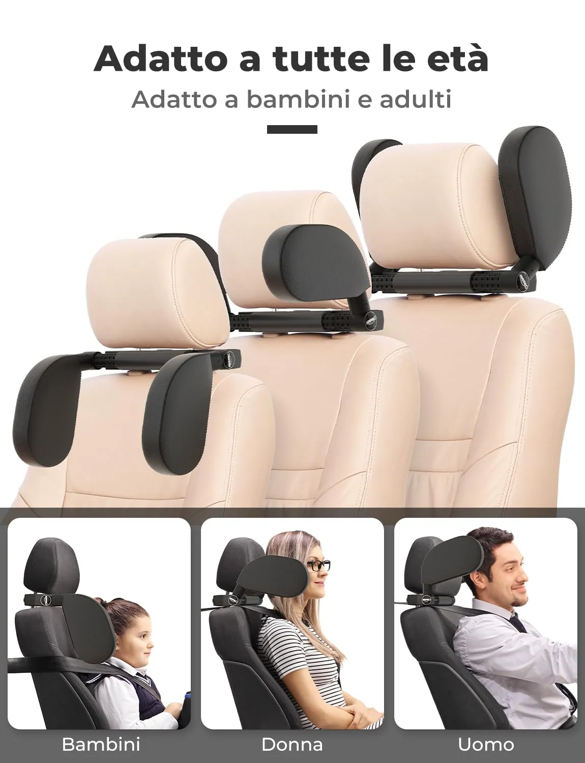 oasser Poggiatesta Auto Regolabile 360° per Bambini e Adulti CA1 Nero - immagine 4