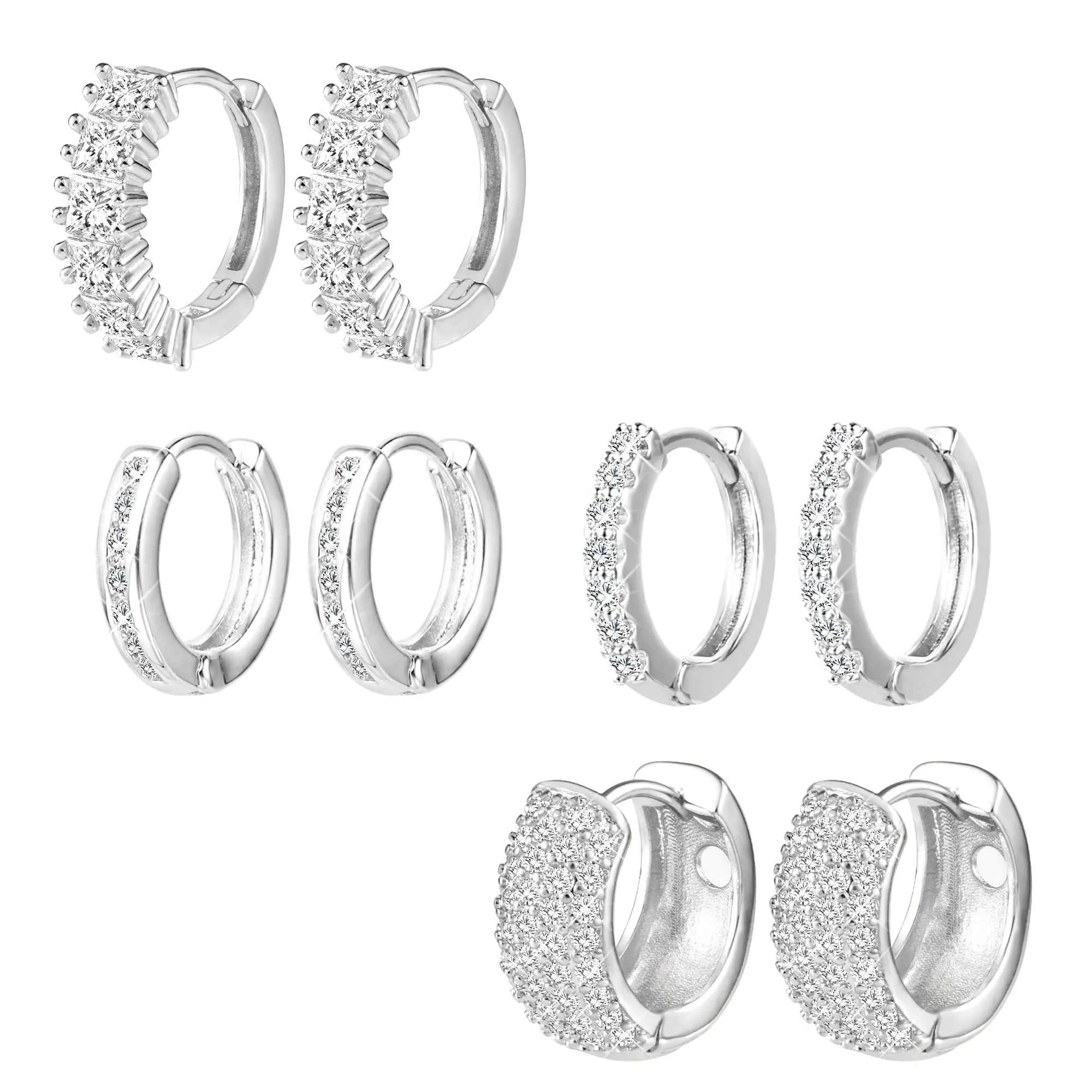 ALEXCRAFT Set Orecchini a Cerchio Huggie Argentati con Zirconi, 4 Paia - immagine 1