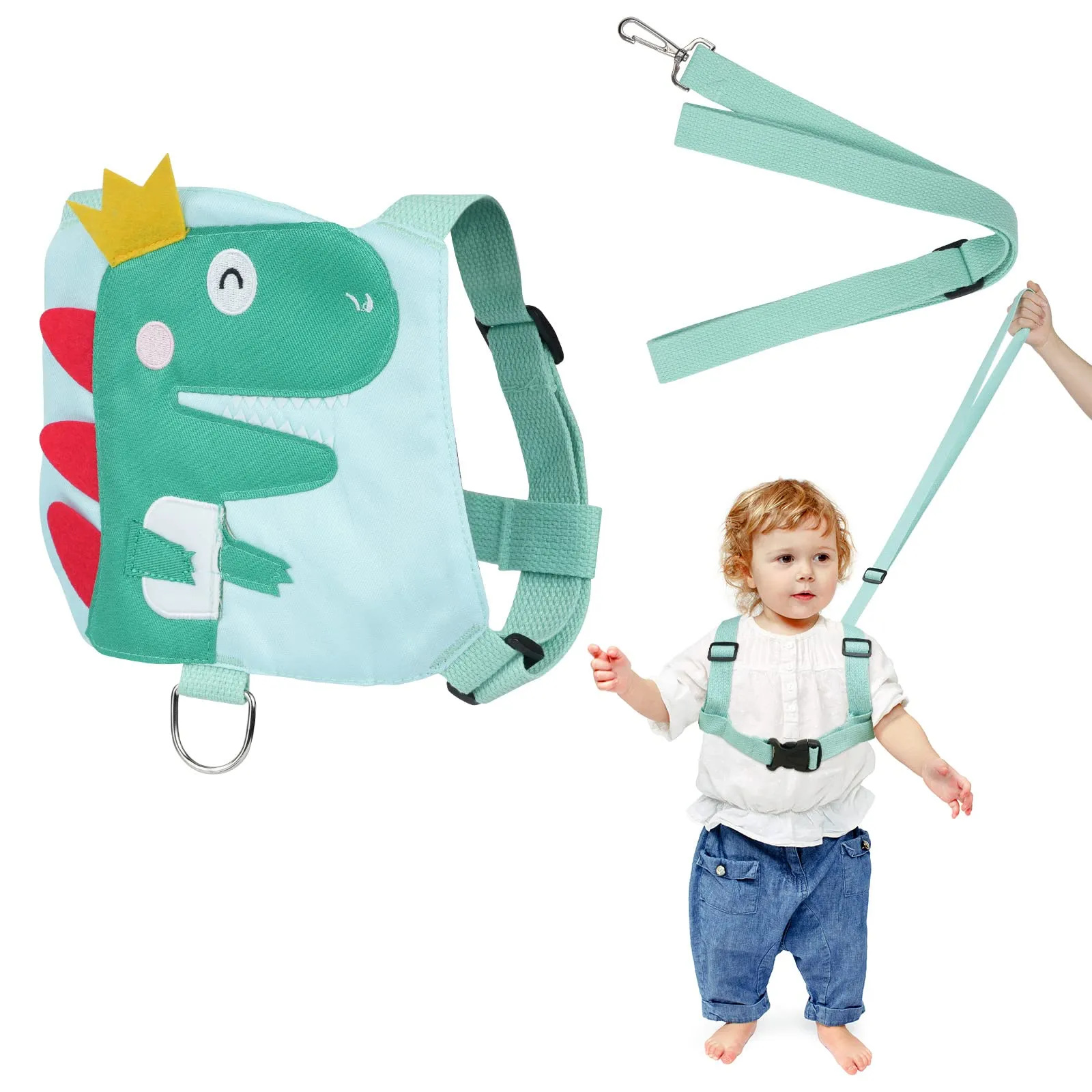 Aomig Imbracatura di Sicurezza per Bambini, Guinzaglio Anti-Loss, Dinosauro Verde - immagine 1