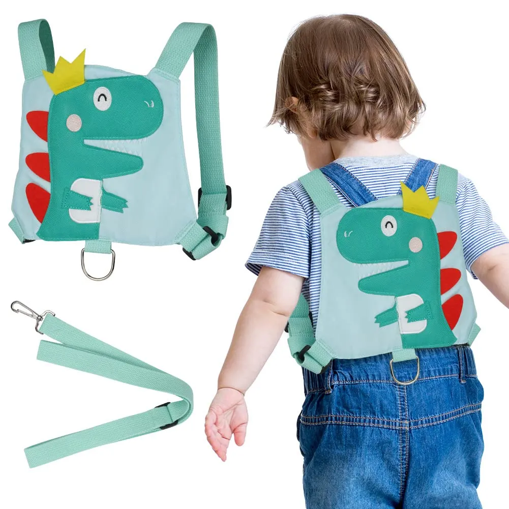 Aomig Imbracatura di Sicurezza per Bambini, Guinzaglio Anti-Loss, Dinosauro Verde - immagine 2