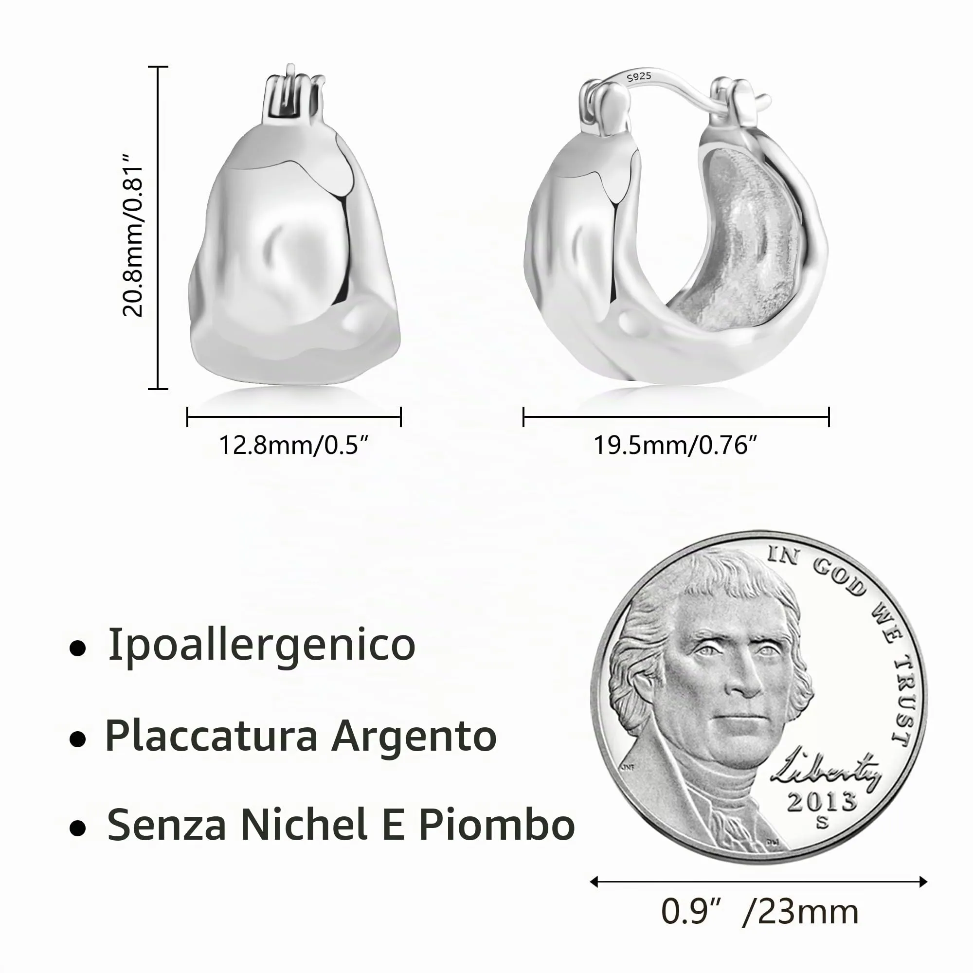 KISSPAT Orecchini a Cerchio Chunky in Argento Martellato, 19.5 mm - immagine 7
