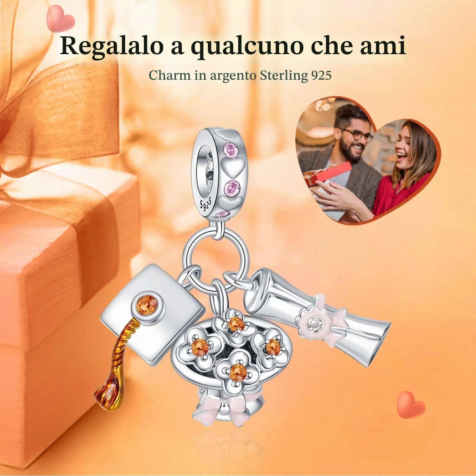 Rimgoris Charm in Argento Sterling 925 Cappello di Laurea con Fiore e Diploma per Bracciali e Collane da Donna - immagine 2