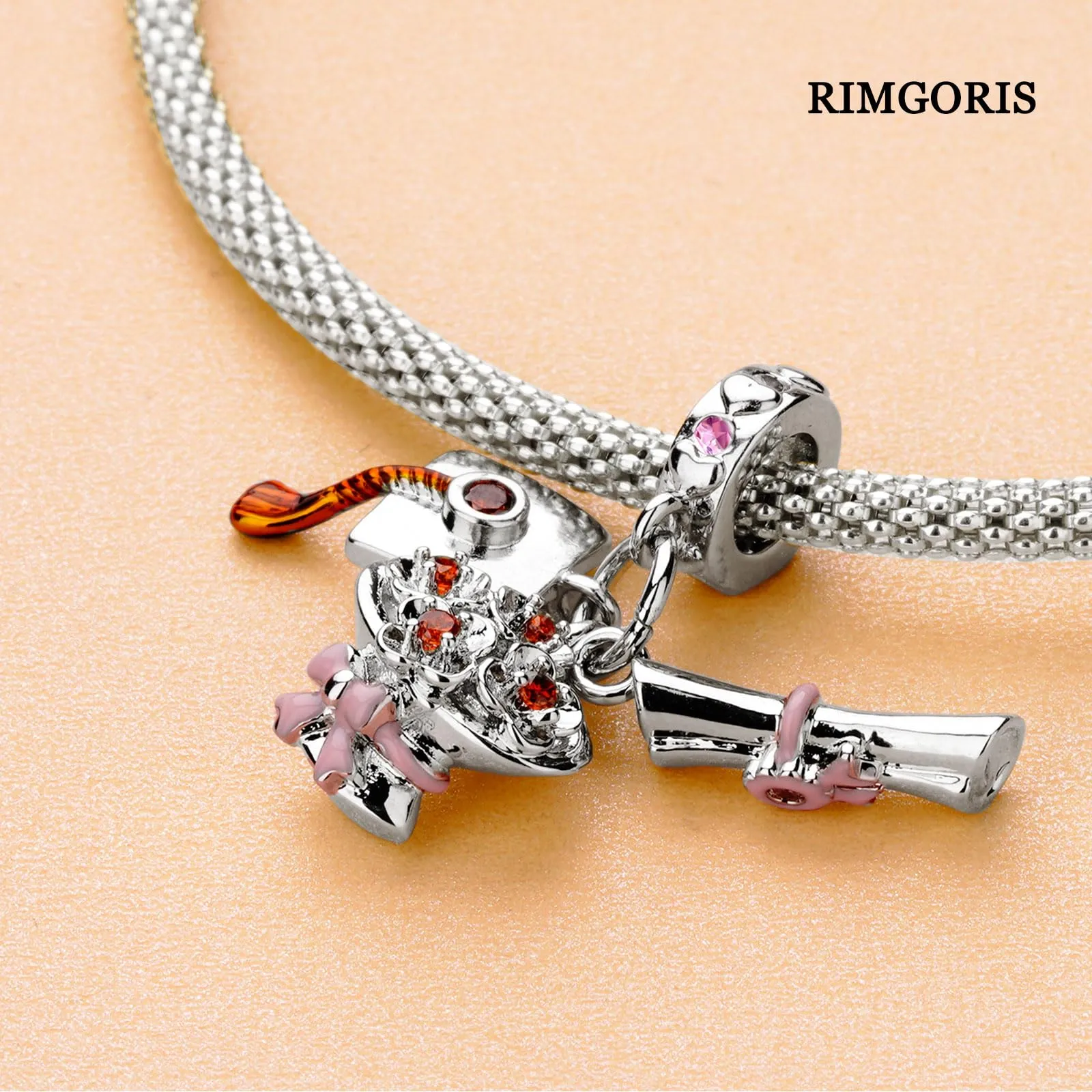 Rimgoris Charm in Argento Sterling 925 Cappello di Laurea con Fiore e Diploma per Bracciali e Collane da Donna - immagine 4